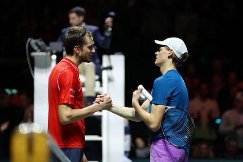 Daniil Medvedev (L) and Jannik Sinner at the 2023 ABN AMRO Open final