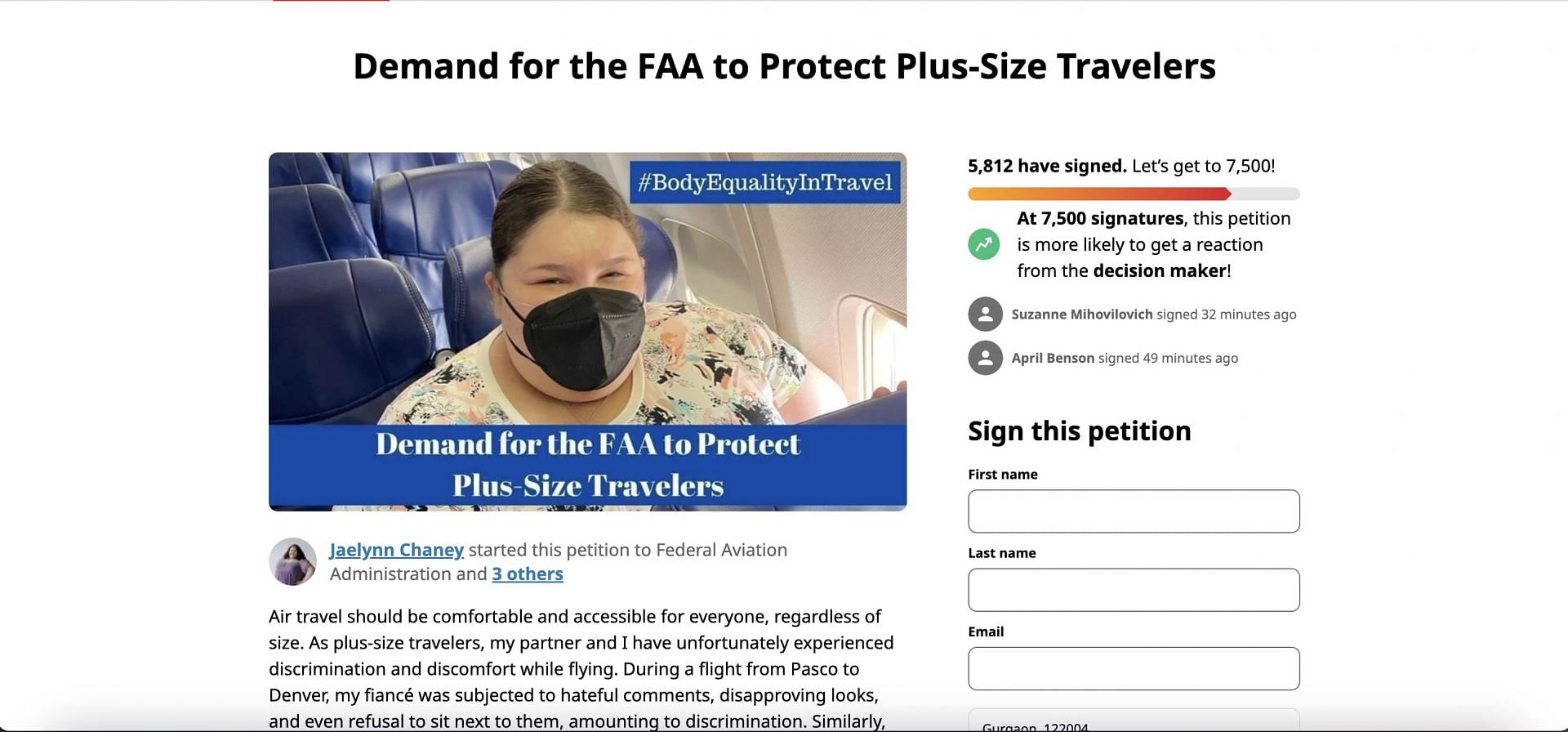 Jaelynn Chaney started a petition advocating for plus-sized travellers so that they can travel with better ease and comfort. (Image via change.org)