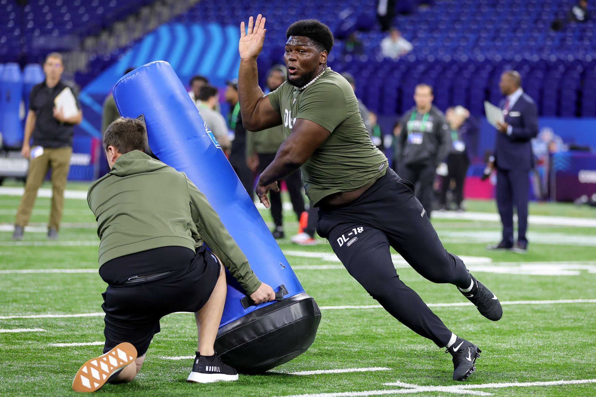 Byron Young of Alabama participates in a drill during the NFL Combine
