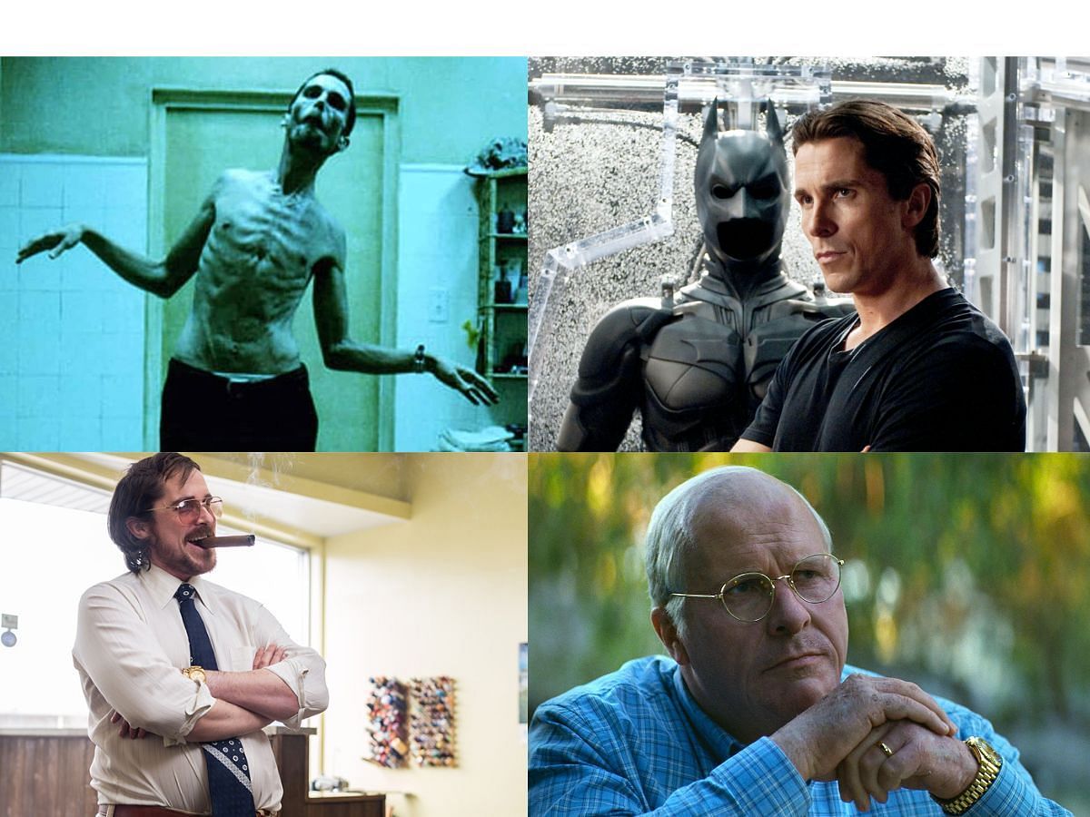 Christian Bale in The Machinist, Batman Begins, American Hustle and Vice. (Images via IMDb, Variety, GamesRadar, LADbible)