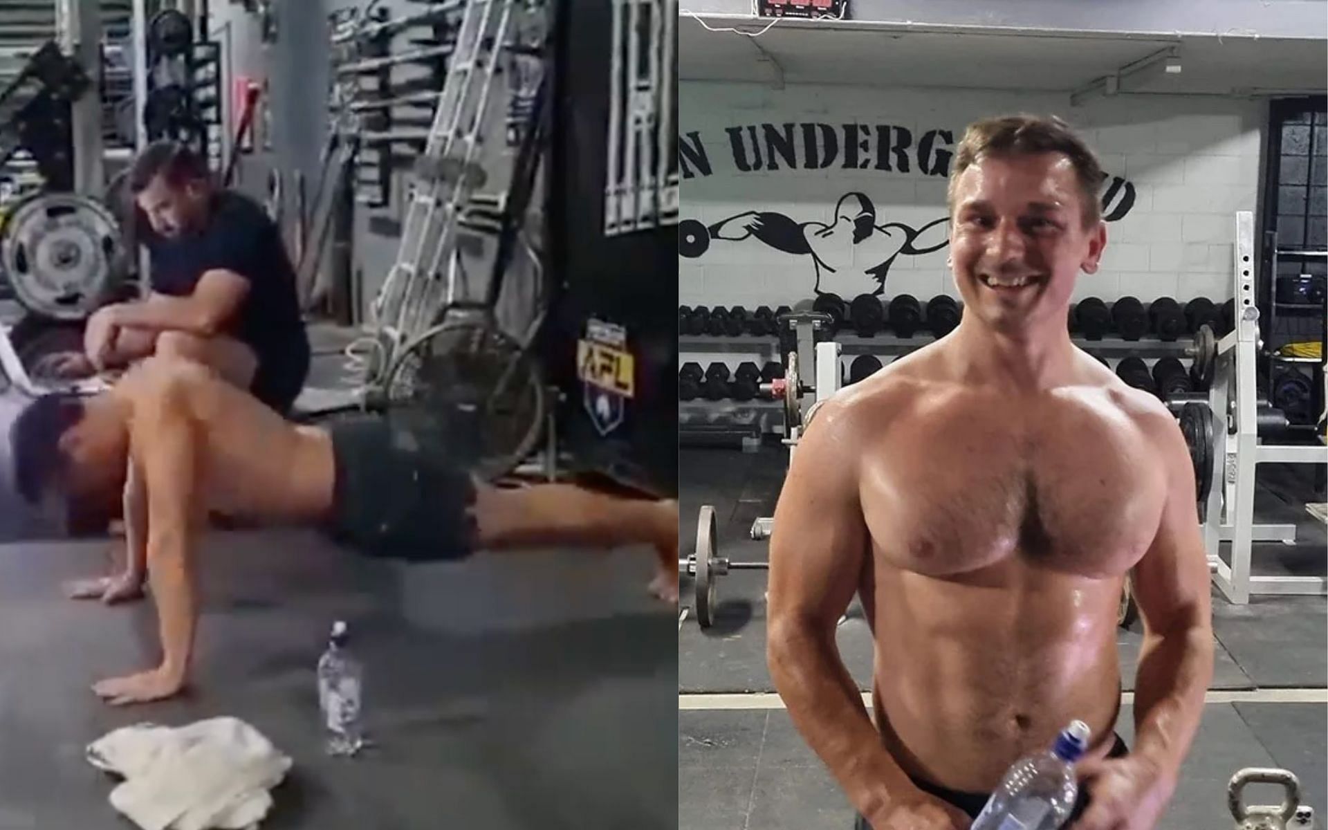 Lucas Helmke doing push-ups [Left] Helmke [Right] [Image courtesy: @Benaskren and @JoePompliano (Twitter)]