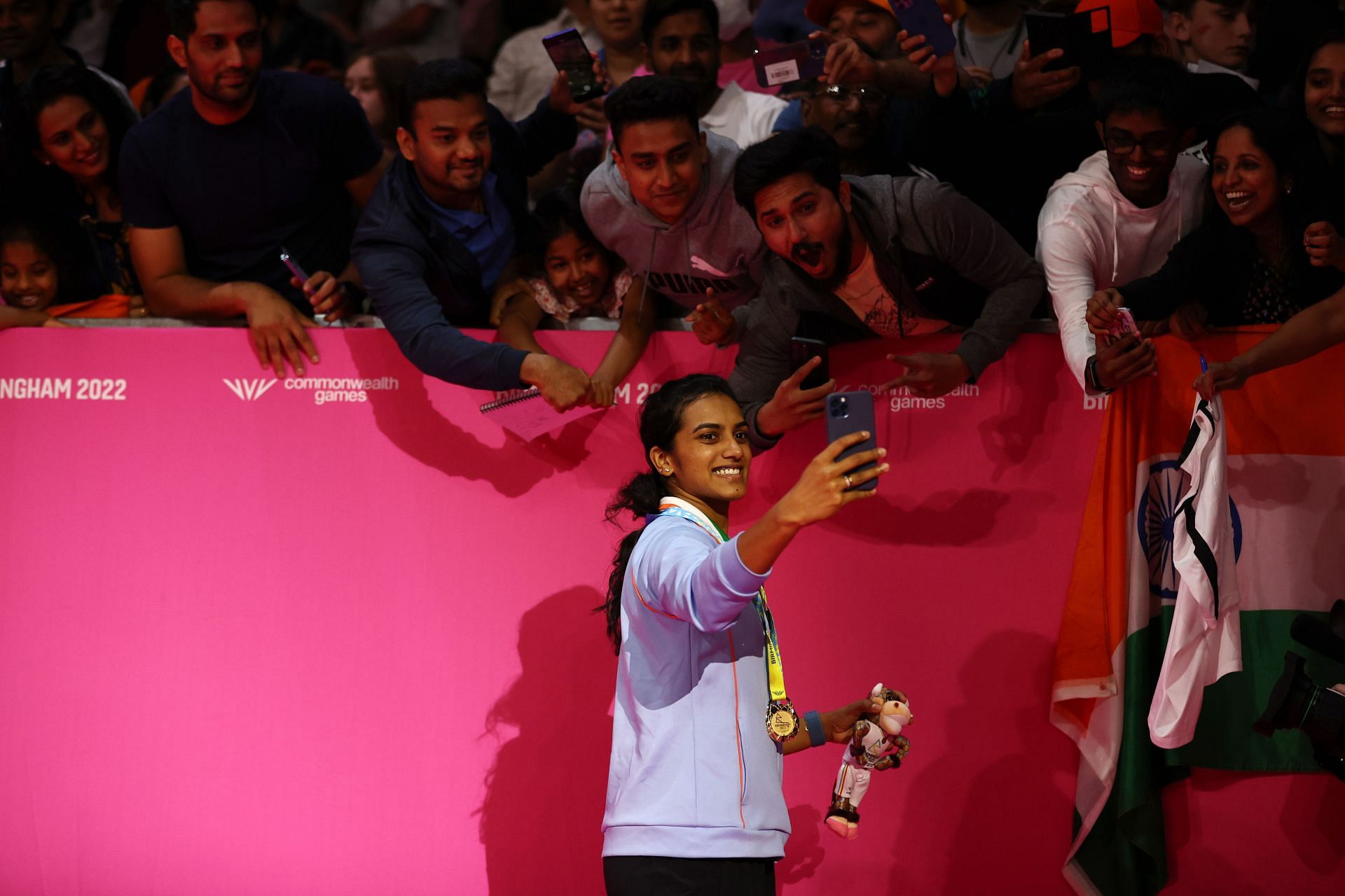 PV Sindhu with fans at the Commonwealth Games.