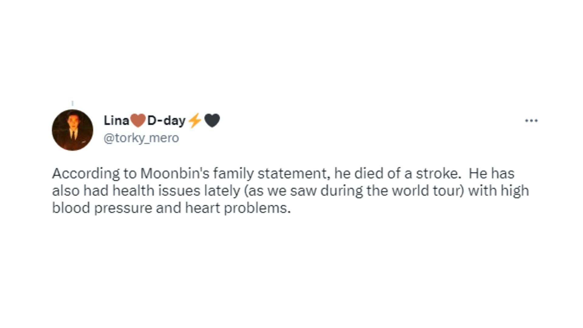 Certain Moonbin fans are claiming that the singer suffered from stroke (Image via Twitter)