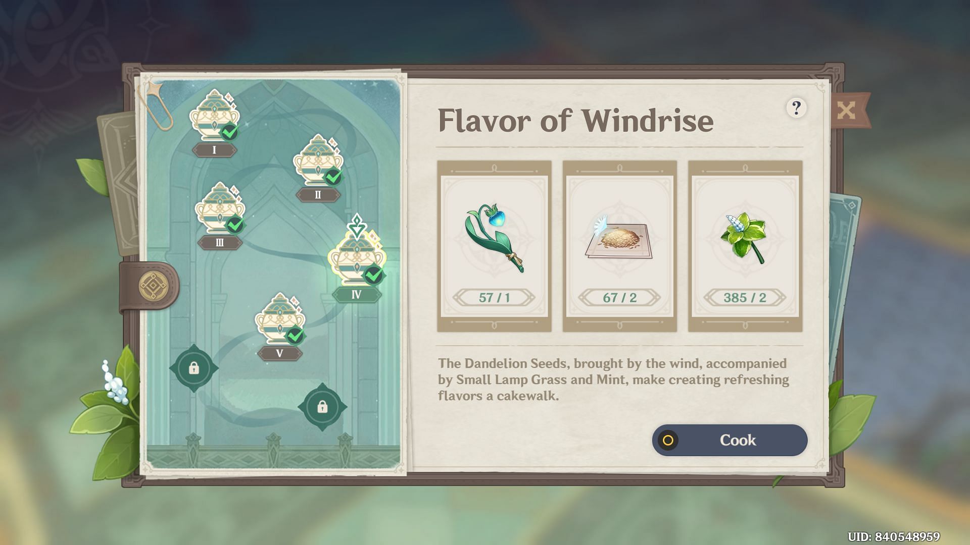 Ingredients for Flavor of Windrise (Image via HoYoverse)