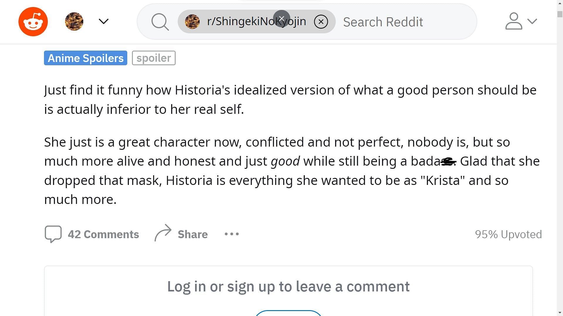 Fan expressing their opinion on Historia vs Christa (Image via Reddit thread r/ShingekiNoKyojin)