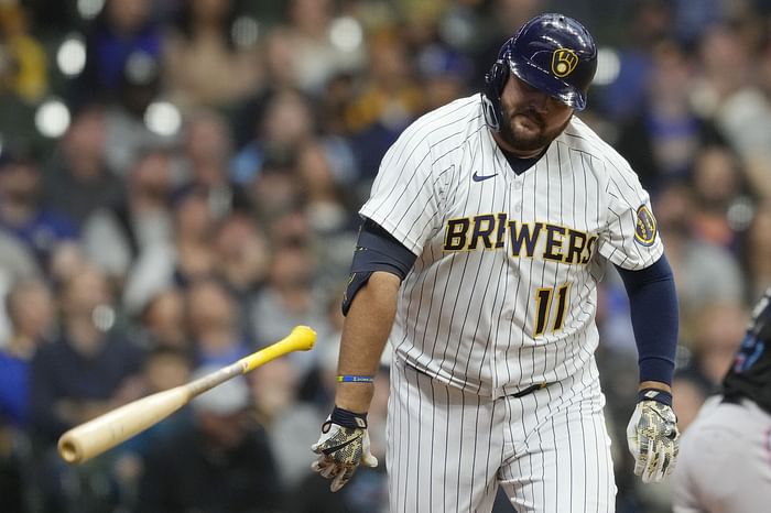 Rowdy Tellez of the Milwaukee Brewers looks on against the Miami