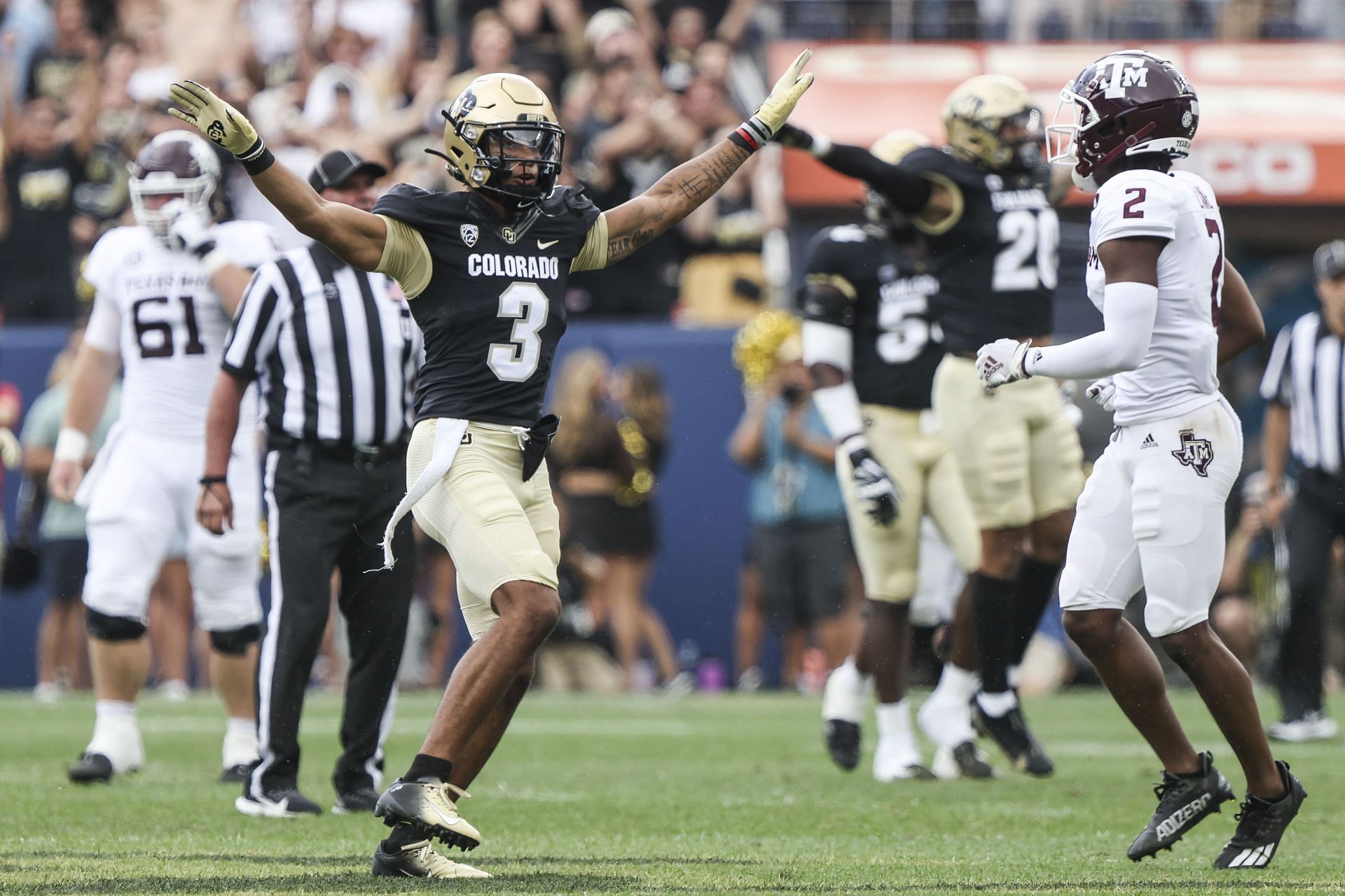 Christian Gonzalez #3 of the Colorado Buffaloes celebrates an incomplete catch by Micheal Clemons #2 of the Texas A&amp;M Aggies