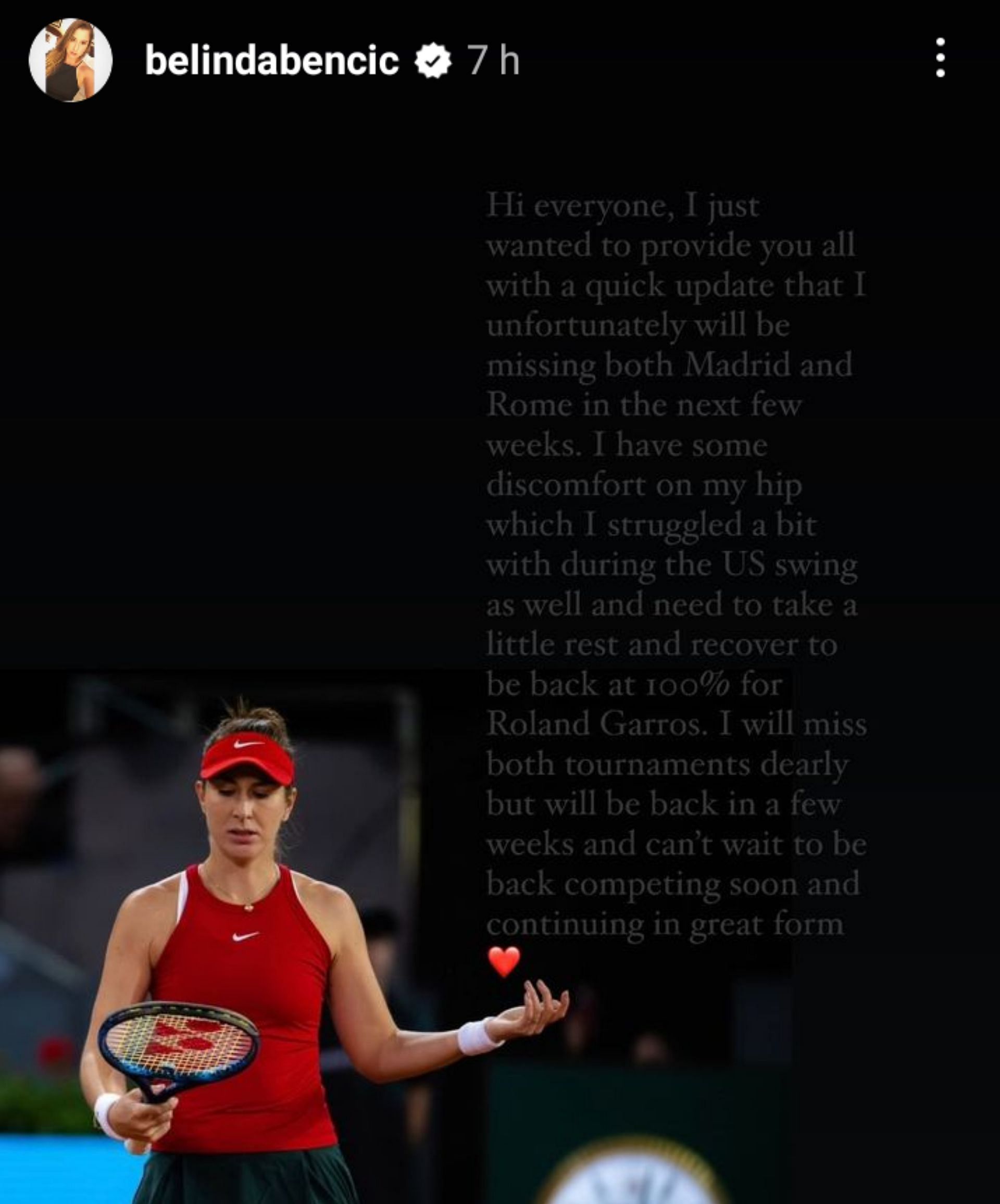 Bencic wrote on her Instagram stories