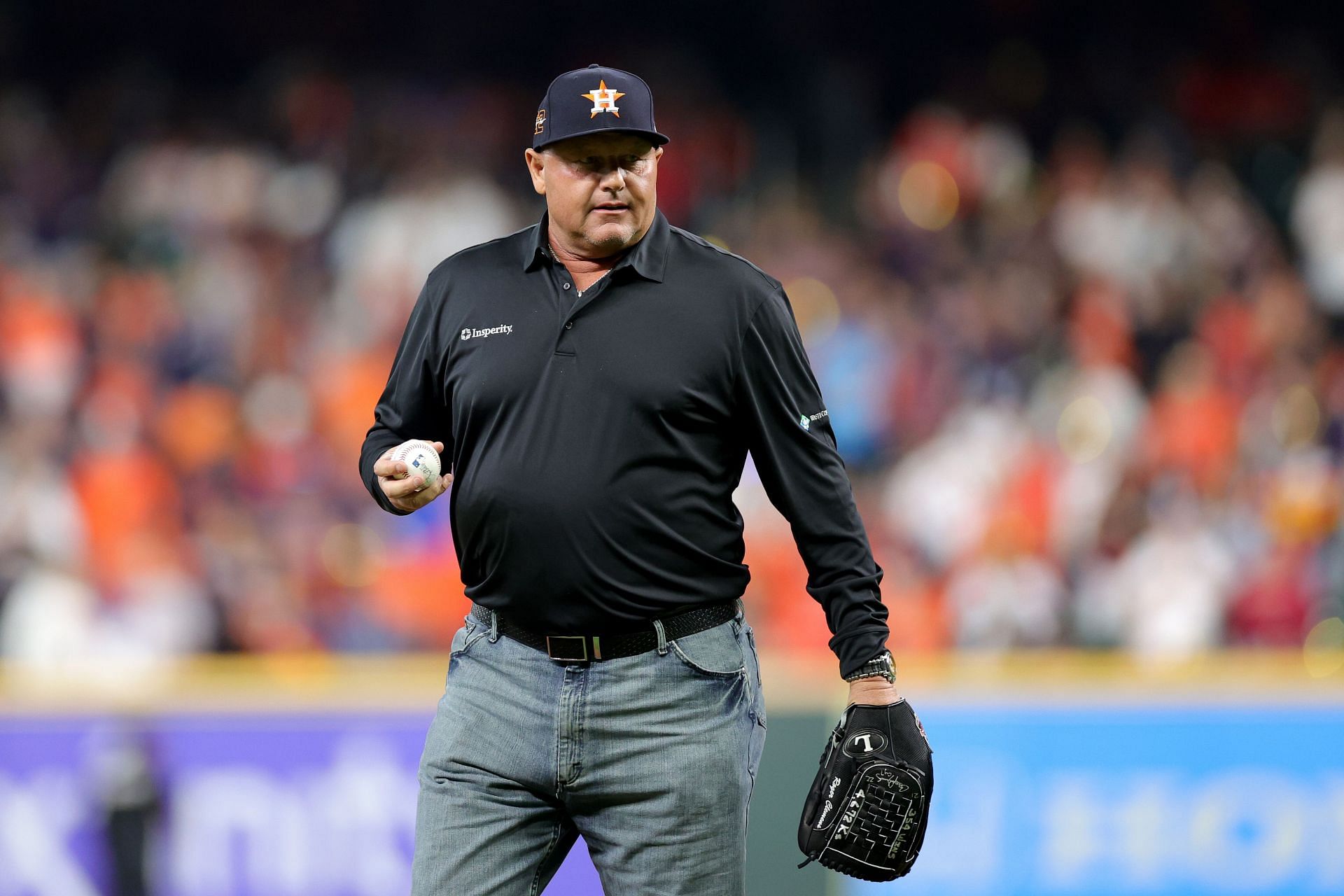 Former Houston Astros pitcher Roger Clemens throws out the first pitch before the game against the New York Yankees at Minute Maid Park on October 19, 2022 in Houston, Texas