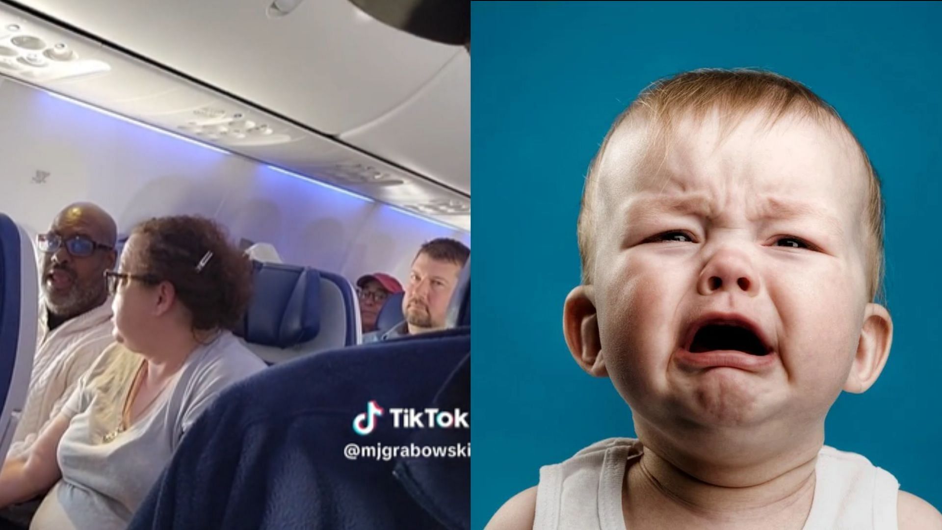 Viral video of man losing it over crying baby inside an airplane sparks hilarious reactions online. (Image via TikTok/@mjgrabowski, iStock Images)