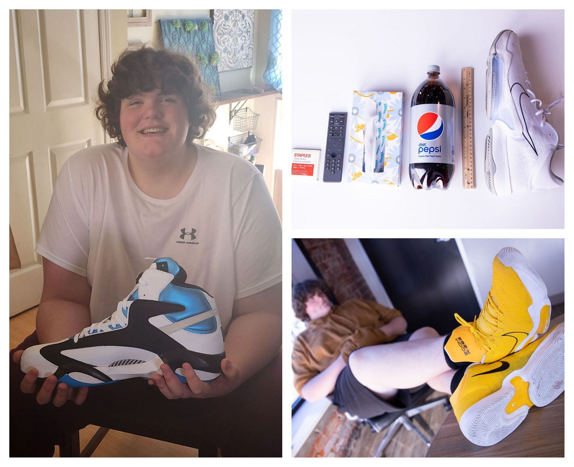 14-year-old Eric Kilburn Jr. posing with the custom sneakers he received from NBA legend Shaquille O&#039;Neal