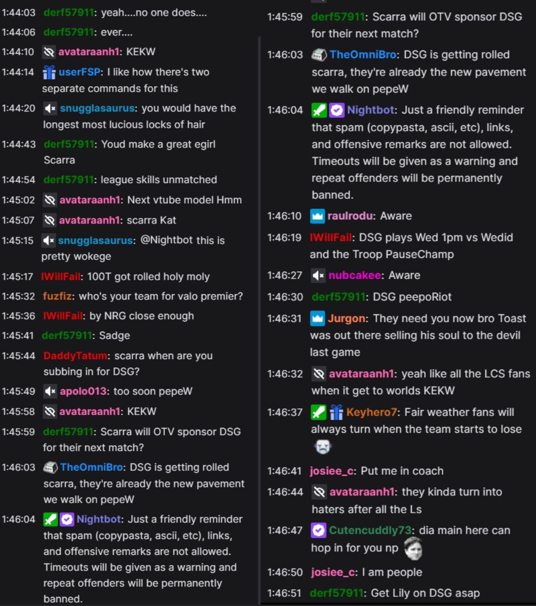 Fans in the Twitch chat sharing their thoughts on the streamer&#039;s take (Image via Scarra/Twitch)