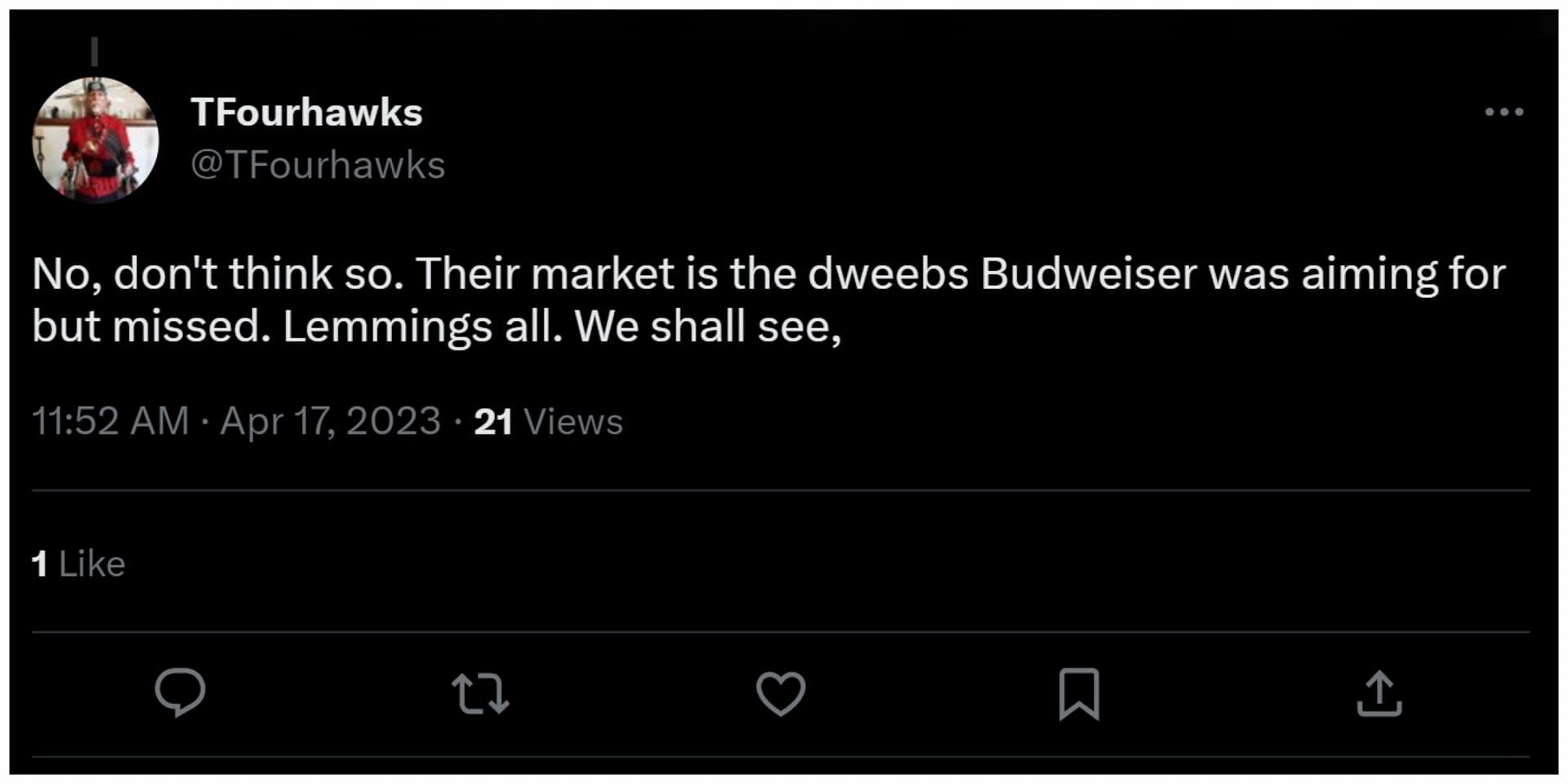 User linked Budweiser and A&amp;F&#039;s target audience (Image via Twitter/TFourhawks)