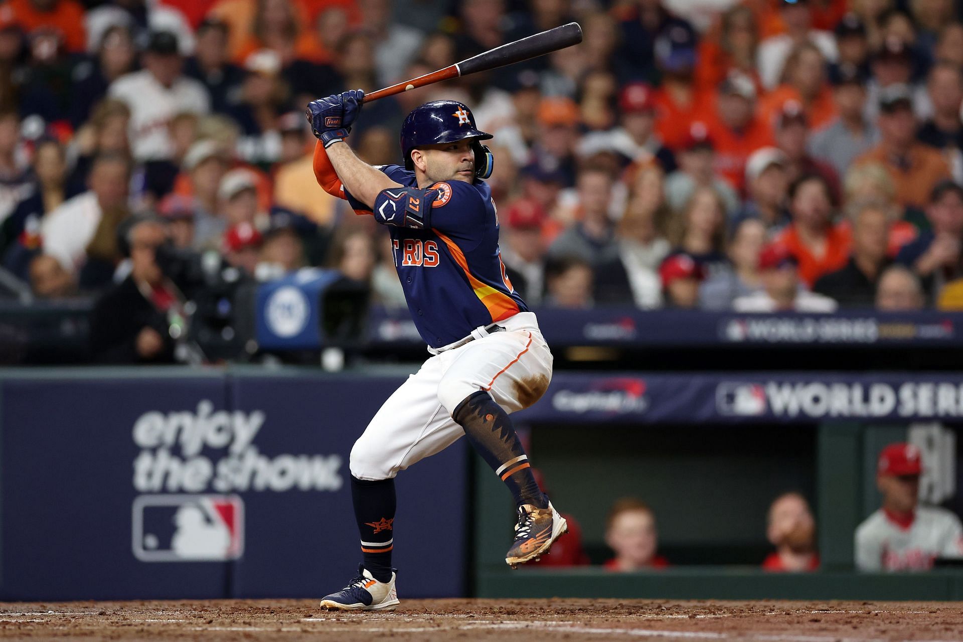 Jose Altuve at bat against the Philadelphia Philliesin Game Two of the 2022 World Series at Minute Maid Park