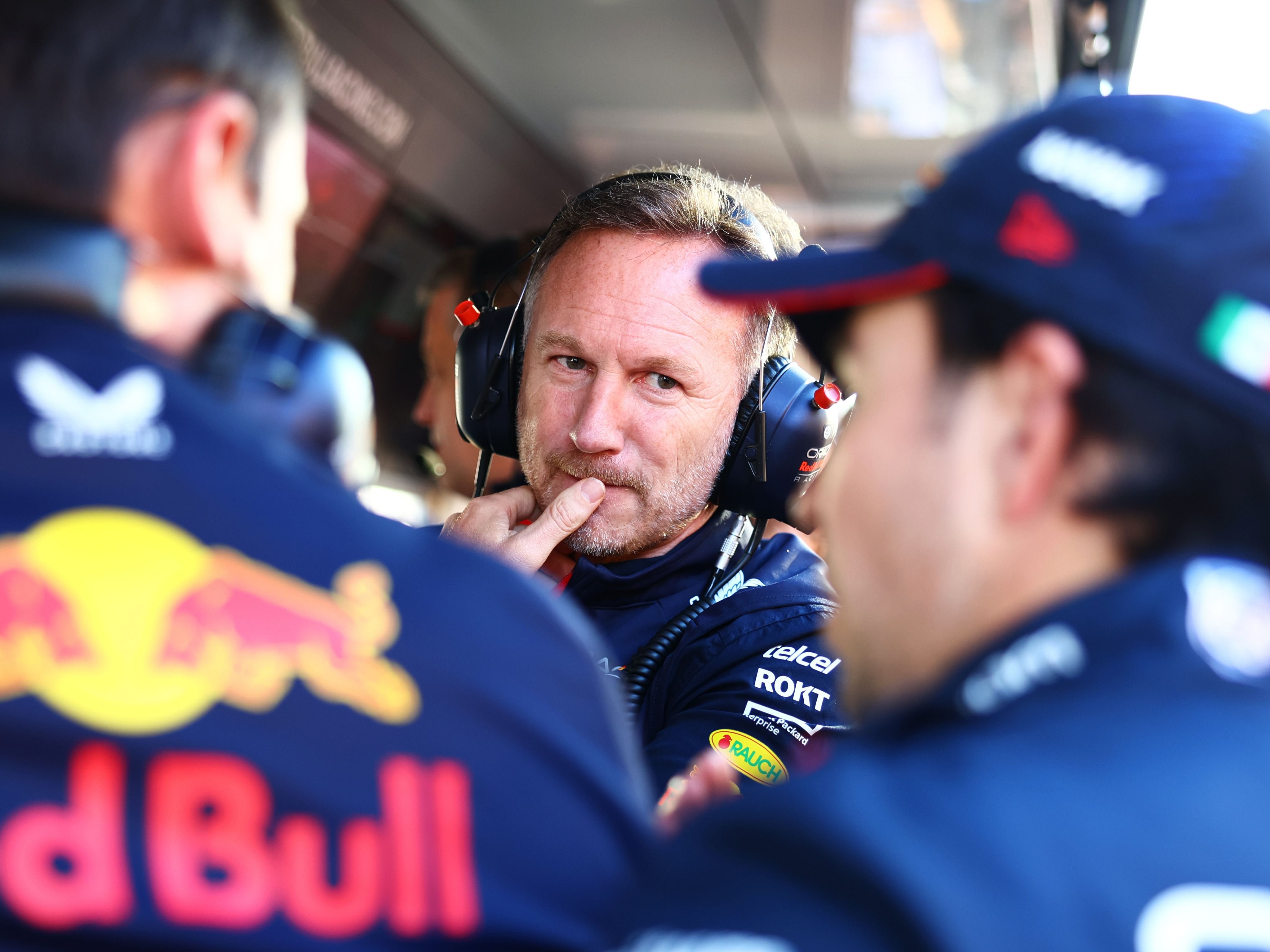 Christian Horner looks on from the pitwall during a red flag delay during the 2023 F1 Australian Grand Prix. (Photo by Mark Thompson/Getty Images)