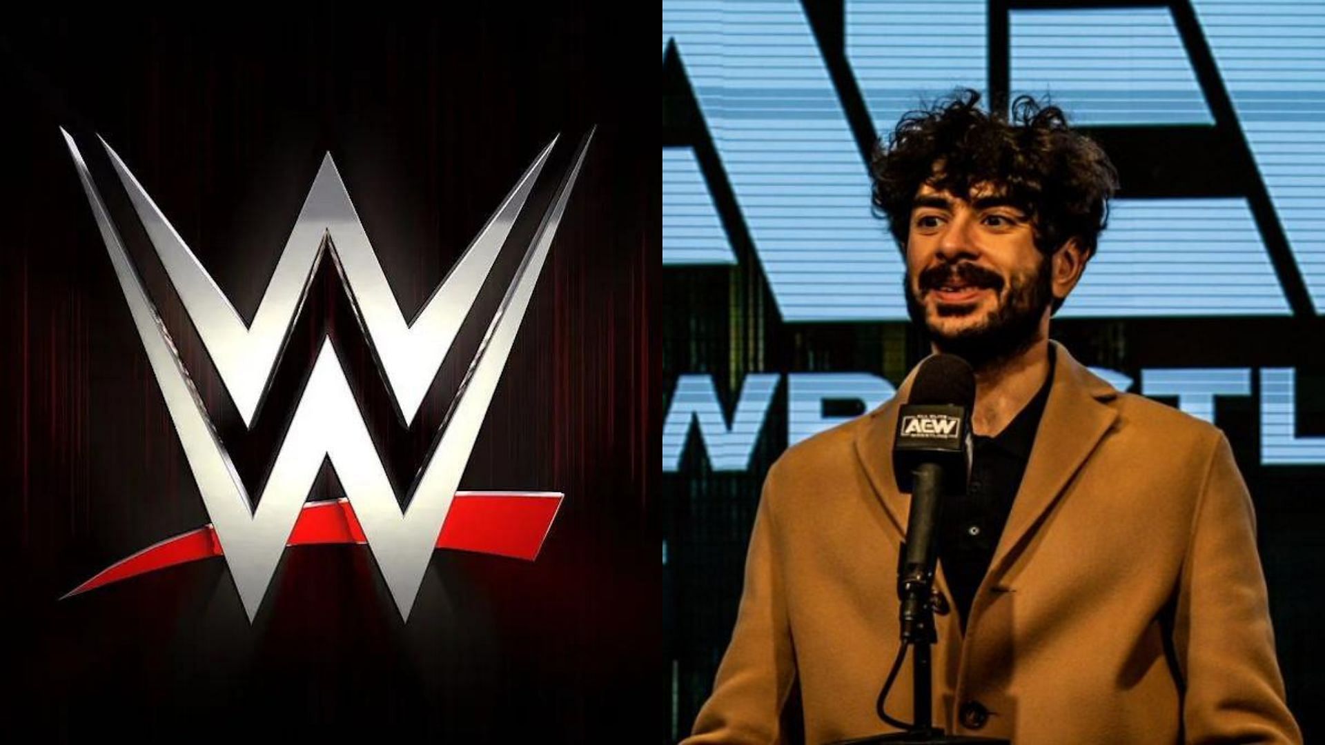 WWE logo (left), Tony Khan (right)