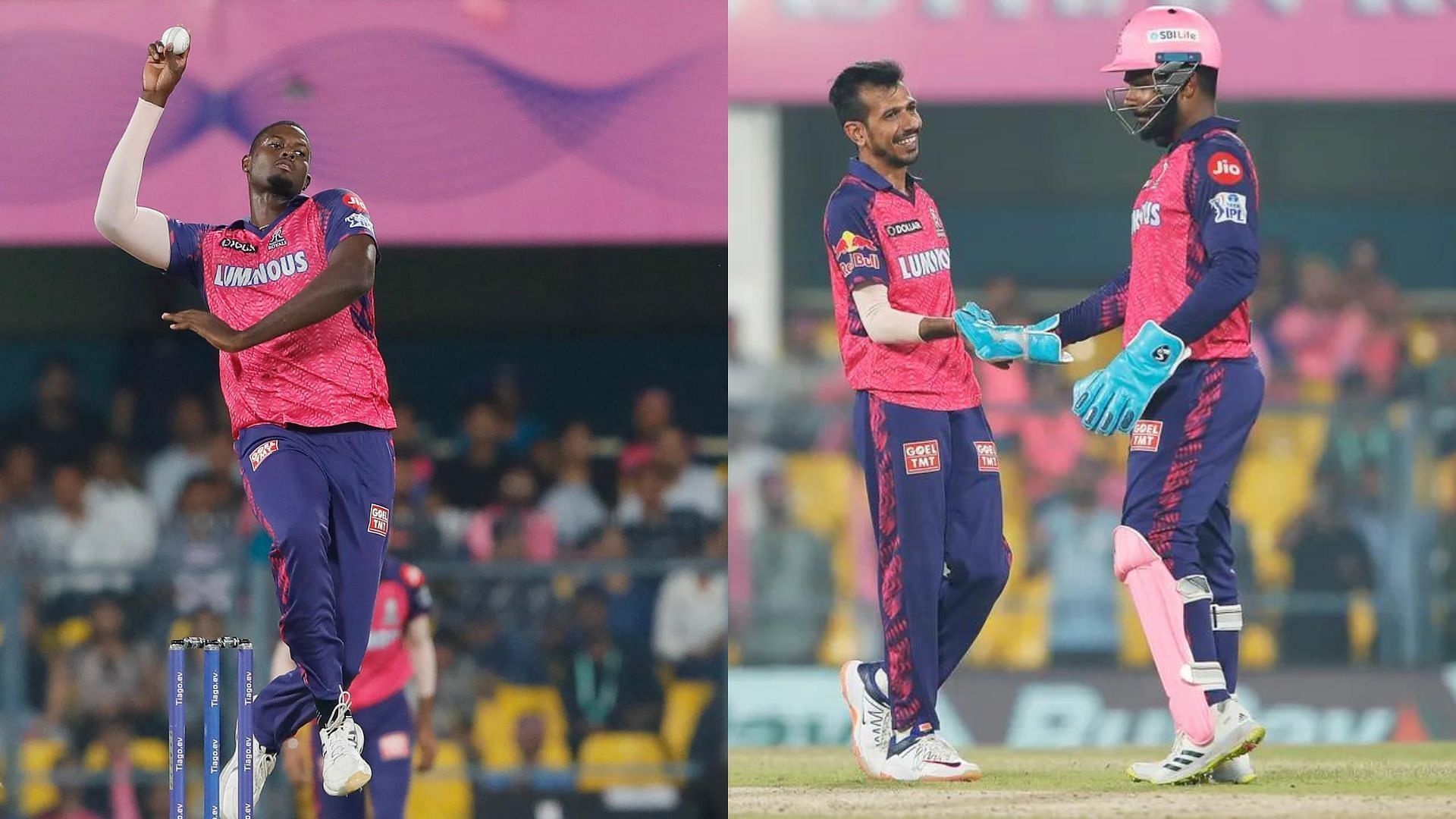 (L-R): Jason Holder, Yuzvendra Chahal and Sanju Samson (P.C.:iplt20.com)