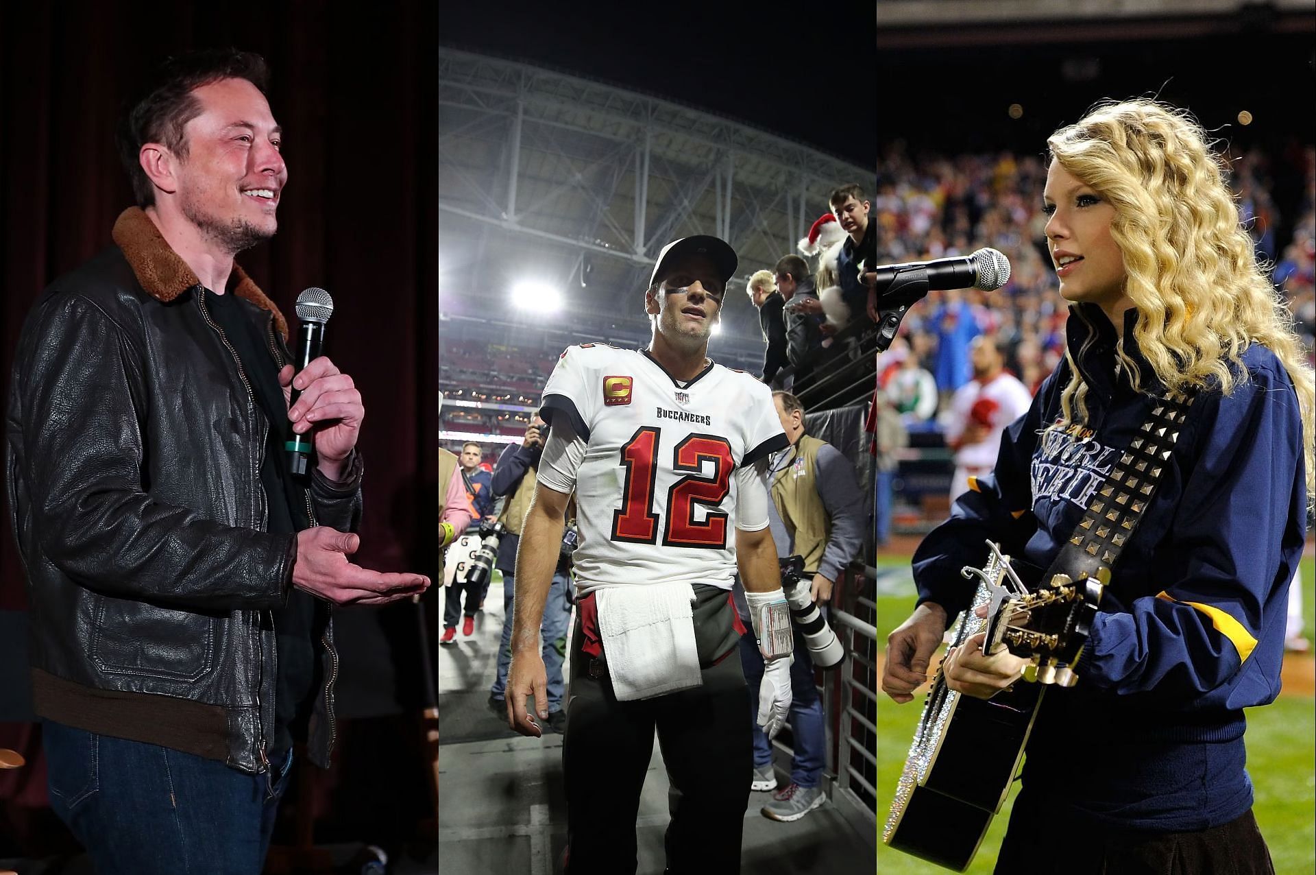 Elon Musk (L), Tom Brady (C), Taylor Swift (R)