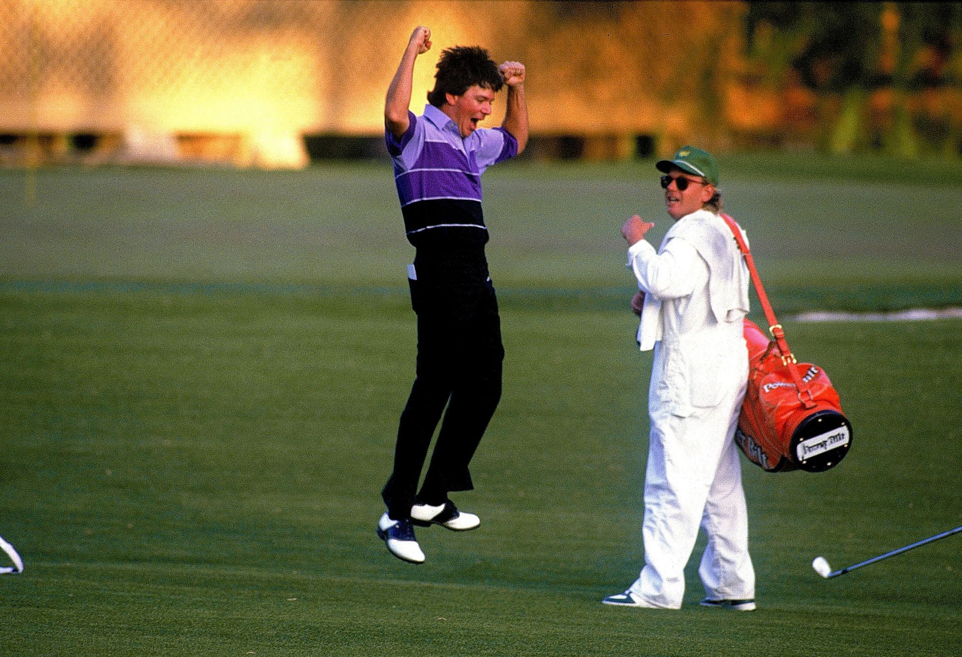 Larry Mize celebrates after winning the 1987 Masters Tournament which he claimed by defeating Greg Norman in playoff