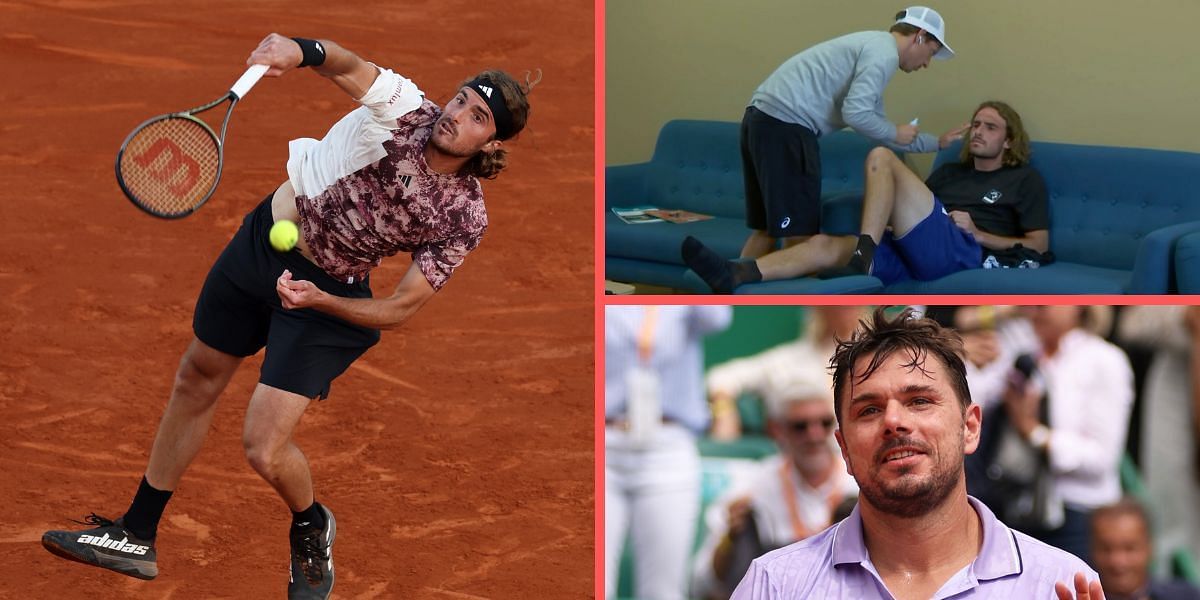 Stefanos Tsitsipas with sunscreen guy and Stanislas Wawrinka