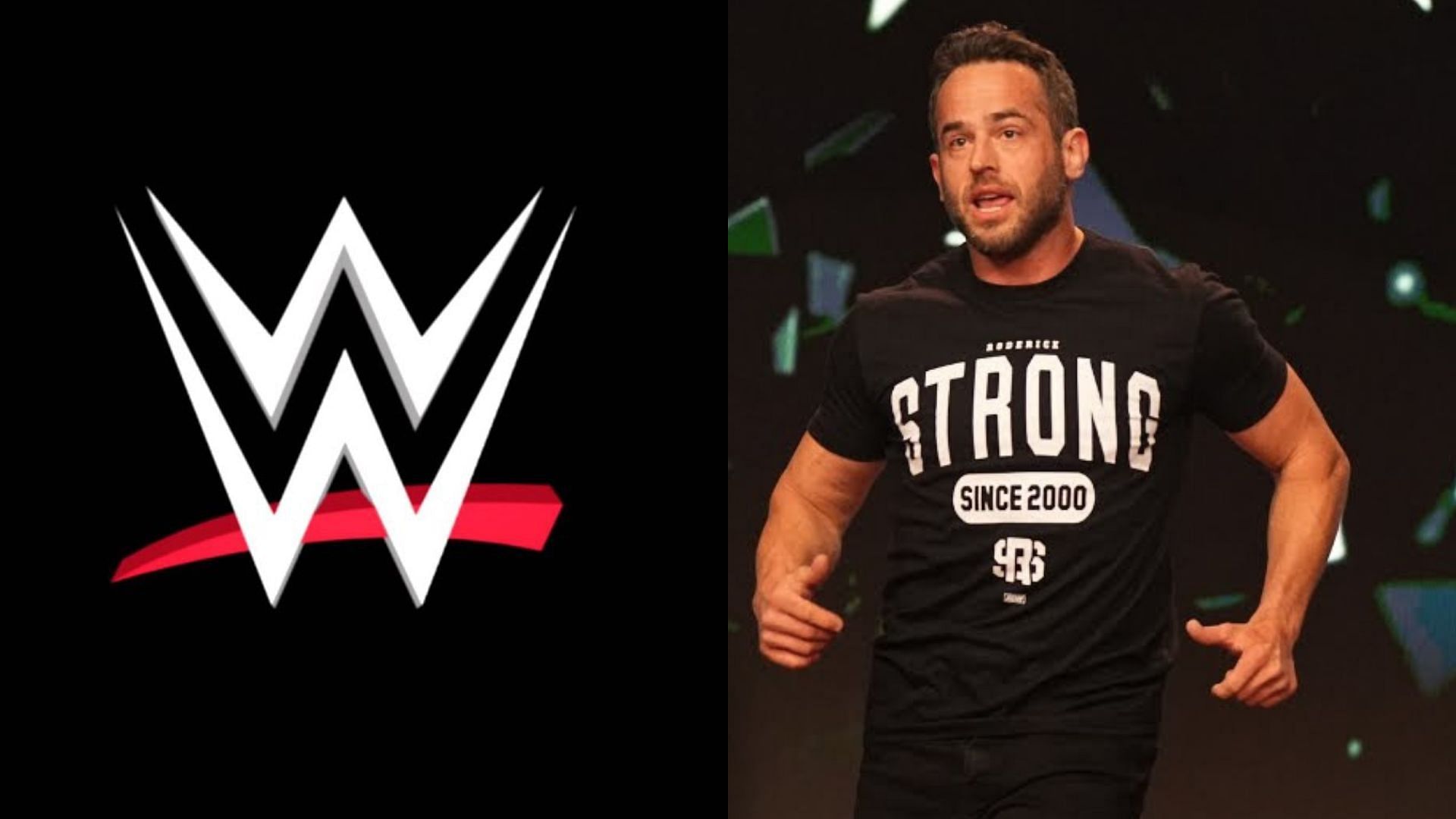 WWE logo (left), Roderick Strong (right)