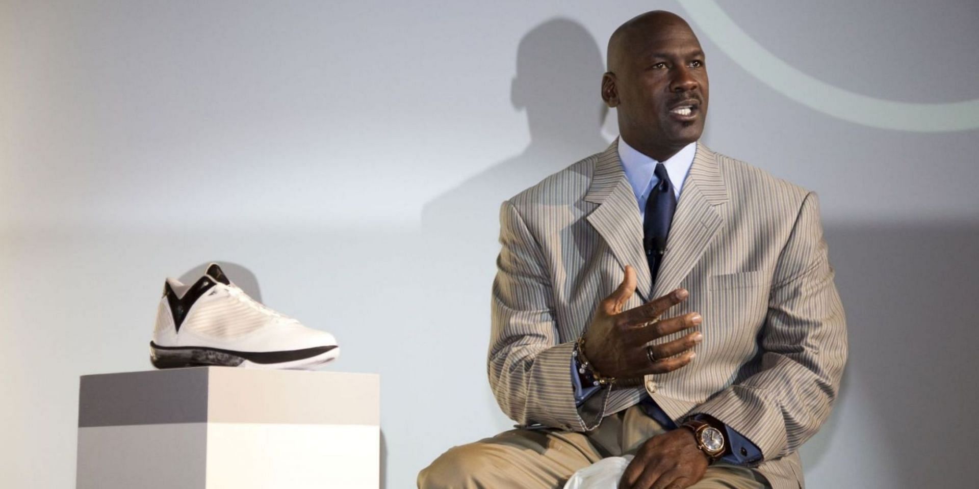 Michael Jordan with Nike&#039;s Air Jordan sneakers. (Image via Getty Images)