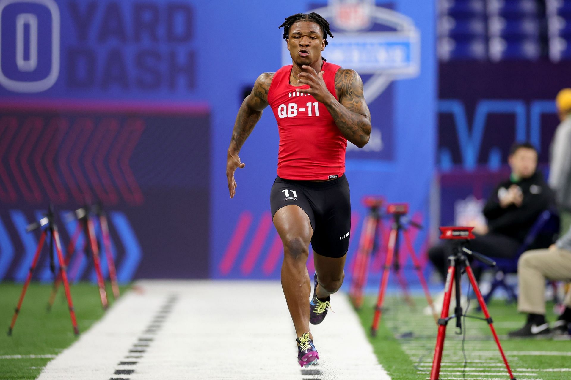 Quarterback Anthony Richardson of Florida participates in the 40-yard dash during the NFL Combine.