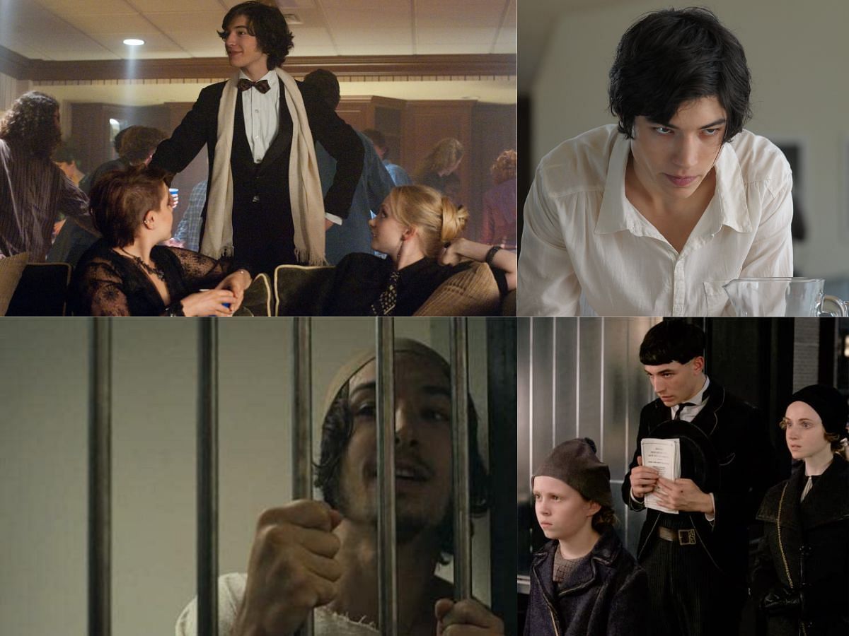 Collage of images depicting Ezra Miller in scenes from his movies. (images via IMDB)