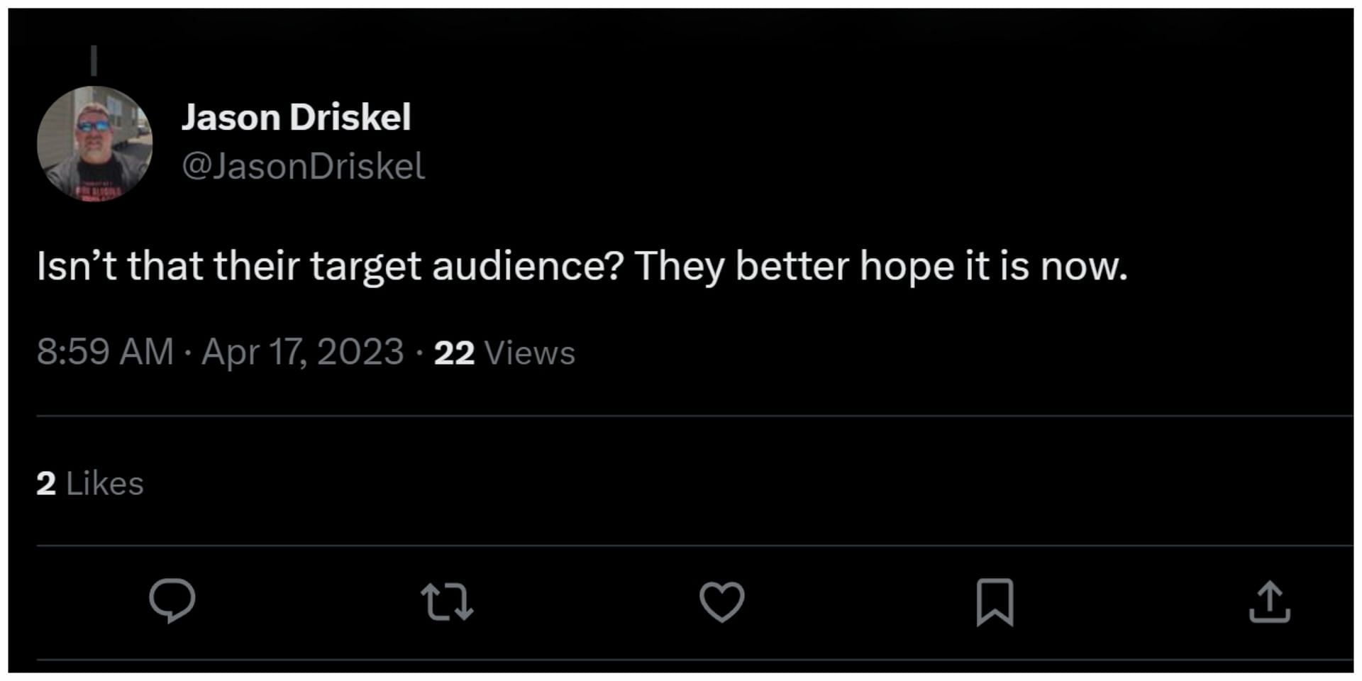 Social media user asked who the target audience was (Image via Twitter/JasonDriskel)