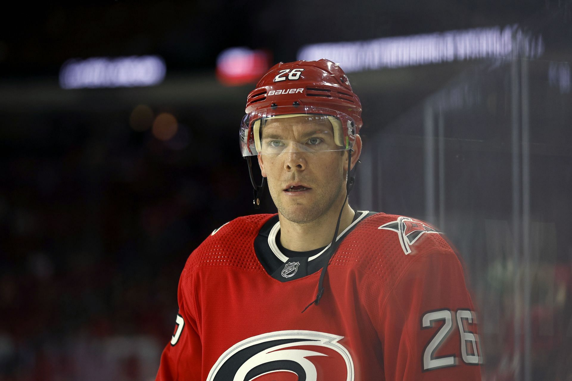 Paul Stastny #26 of the Carolina Hurricanes looks on prior to the game against the Columbus Blue Jacket