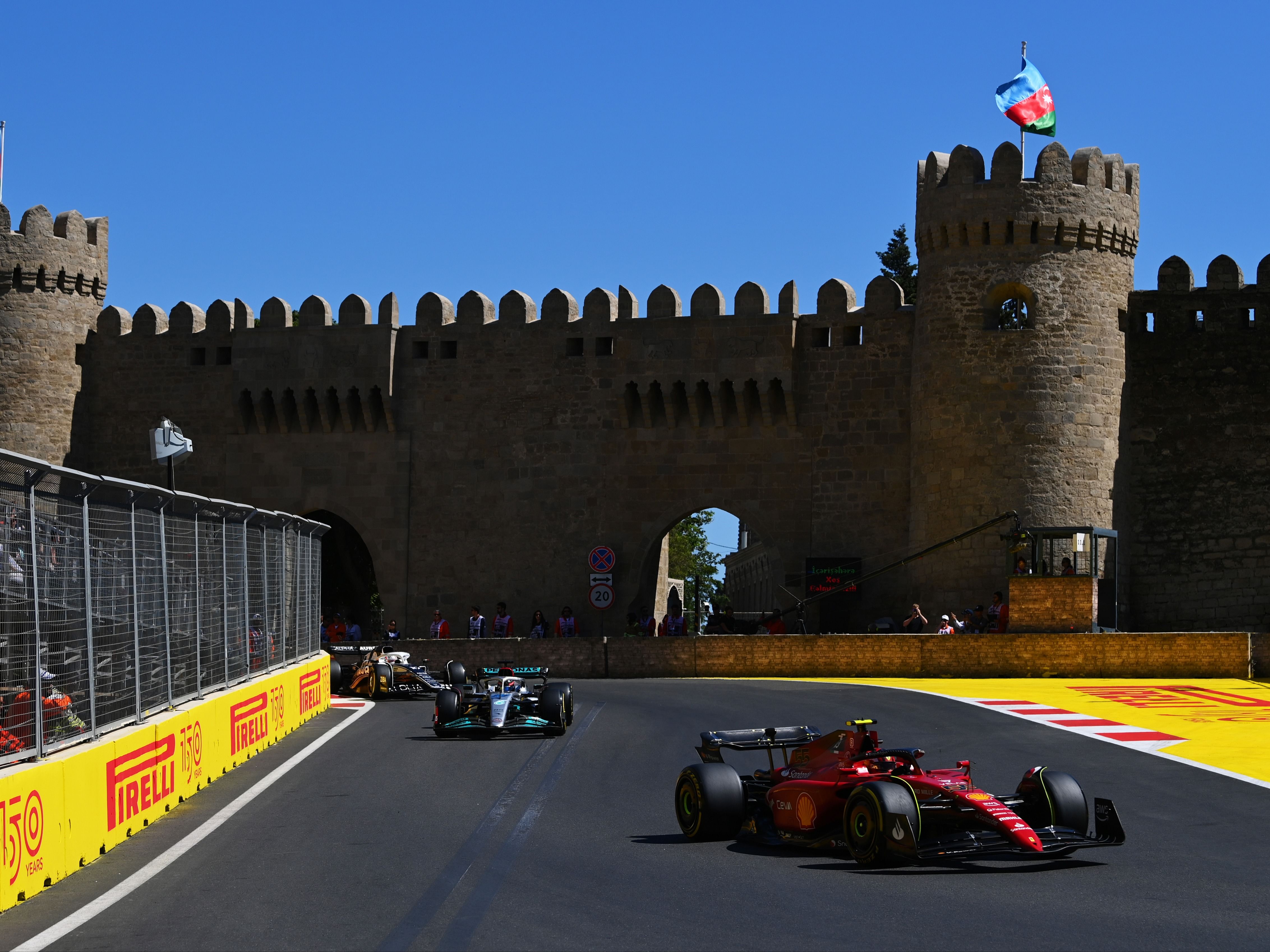 Carlos Sainz (55) leads George Russell (63) during the 2022 F1 Azerbaijan Grand Prix. (Photo by Dan Mullan/Getty Images)