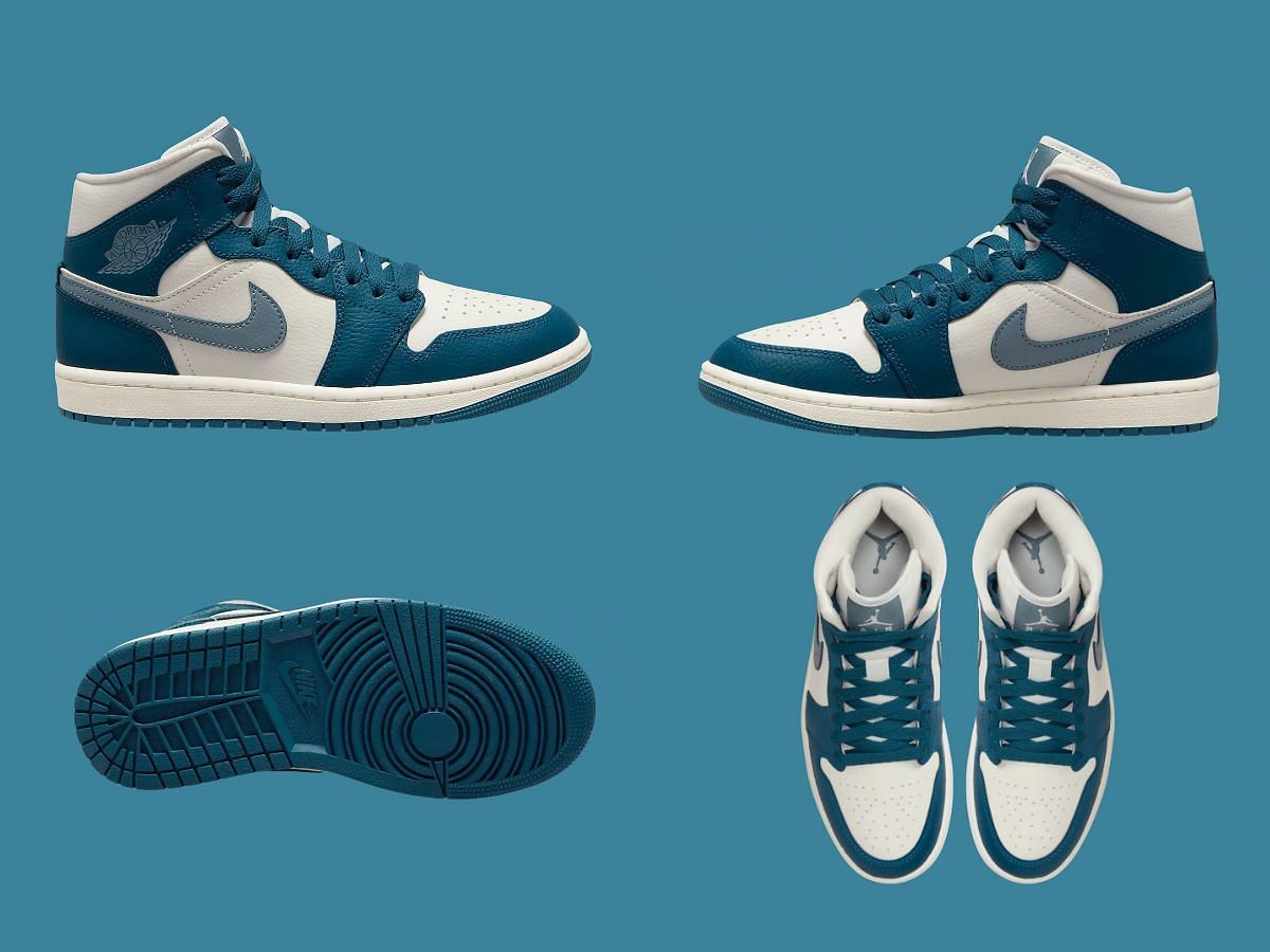 The upcoming Nike Air Jordan 1 Mid &quot;Teal&quot; sneakers come clad in Sky J French Blue, Ozone Blue, and Sail hues (Image via Sportskeeda)