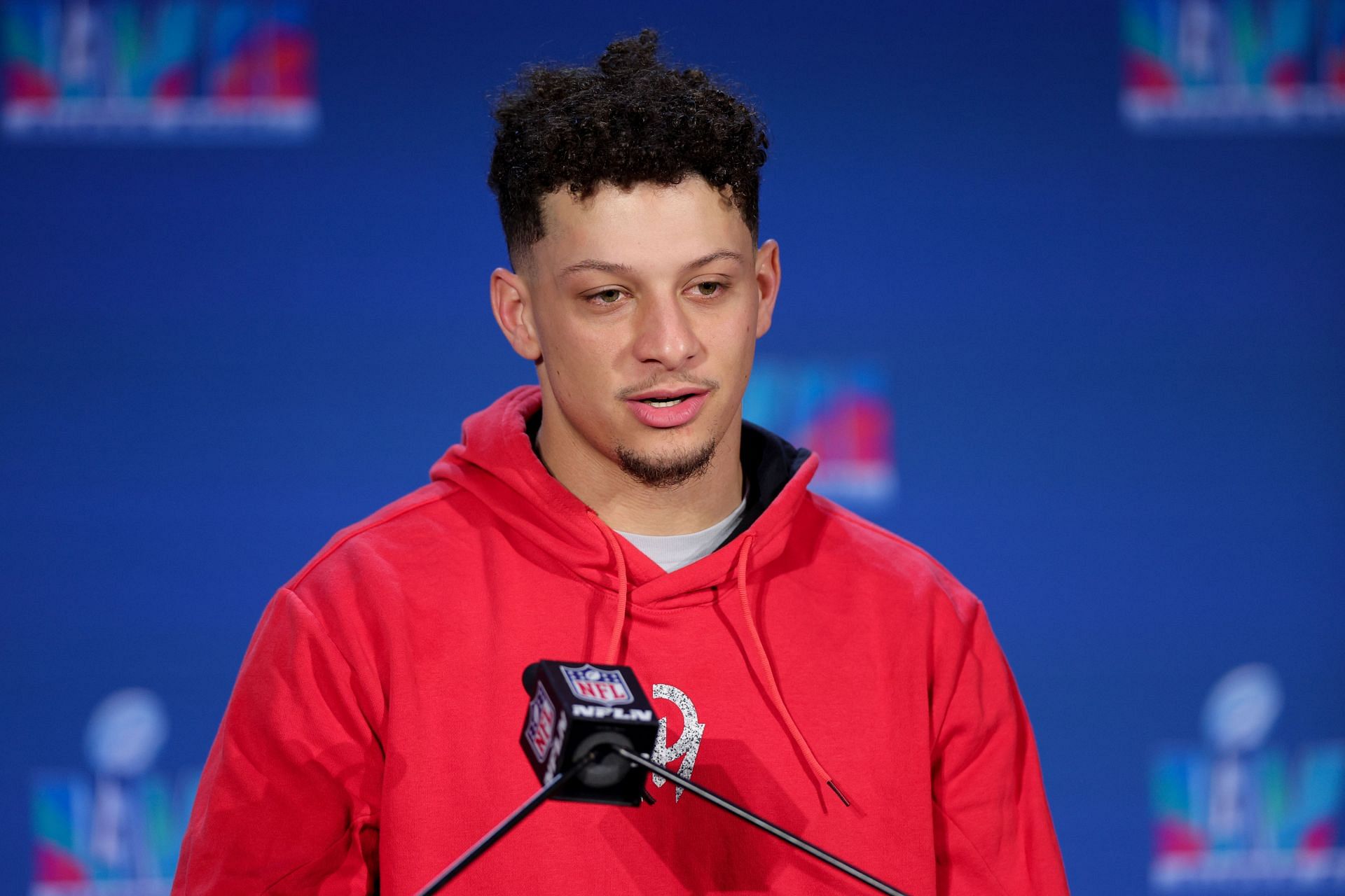 Patrick Mahomes at the Super Bowl LVII - Winning Head Coach and MVP Press Conference