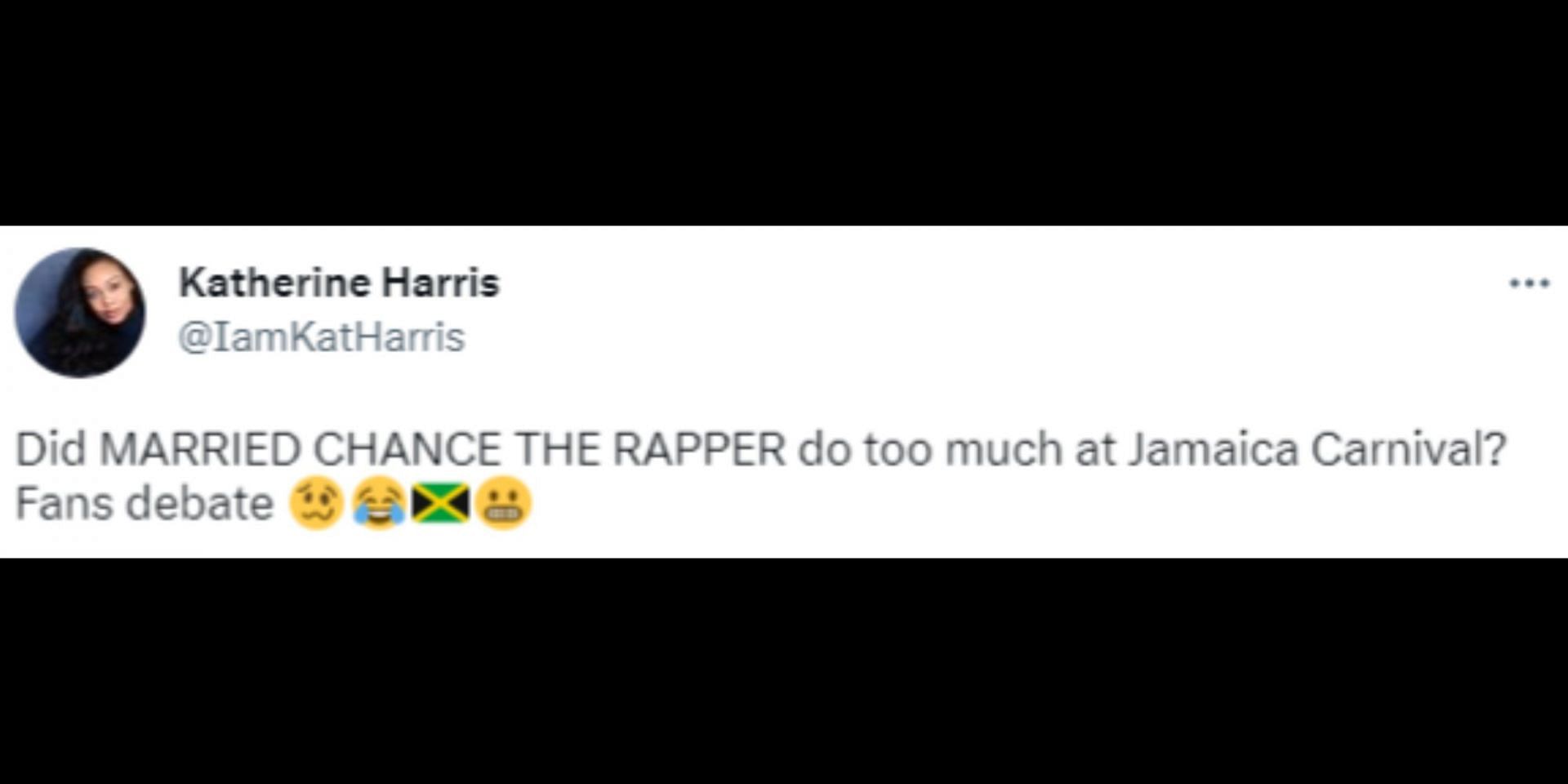 Chance The Rapper&#039;s dancing at the Jamaican Carnival sparks debate. (Image via Twitter/@IamKatHarris)