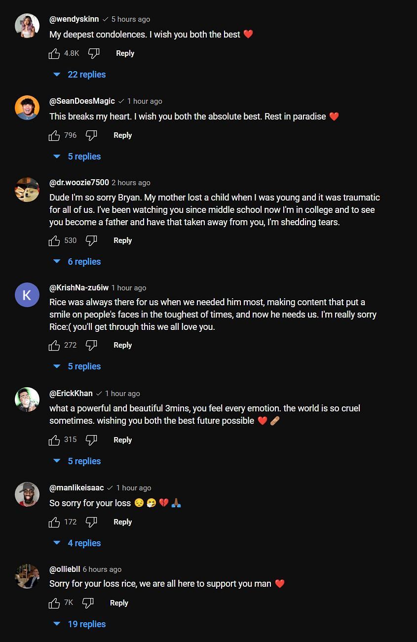 YouTube comments expressing their grief at the news (Image via RiceGum/YouTube)