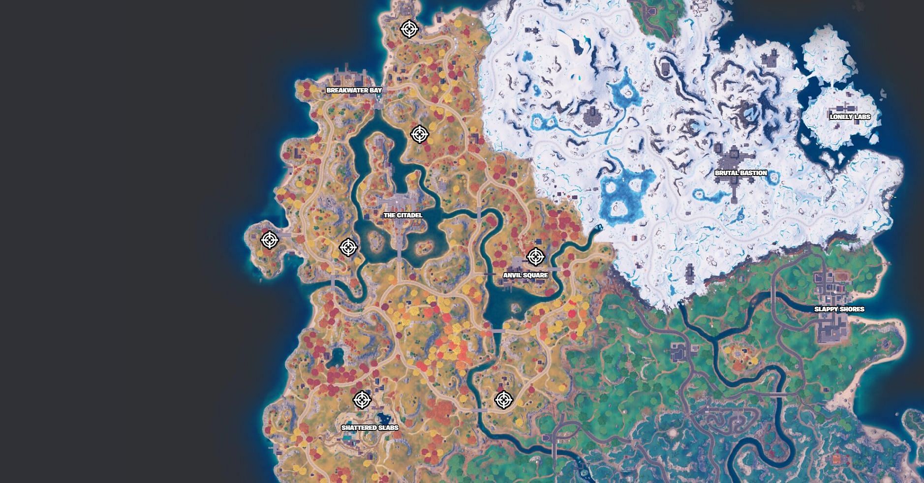 All Target Titan locations in Chapter 4 Season 2 (Image via Fortnite.GG)