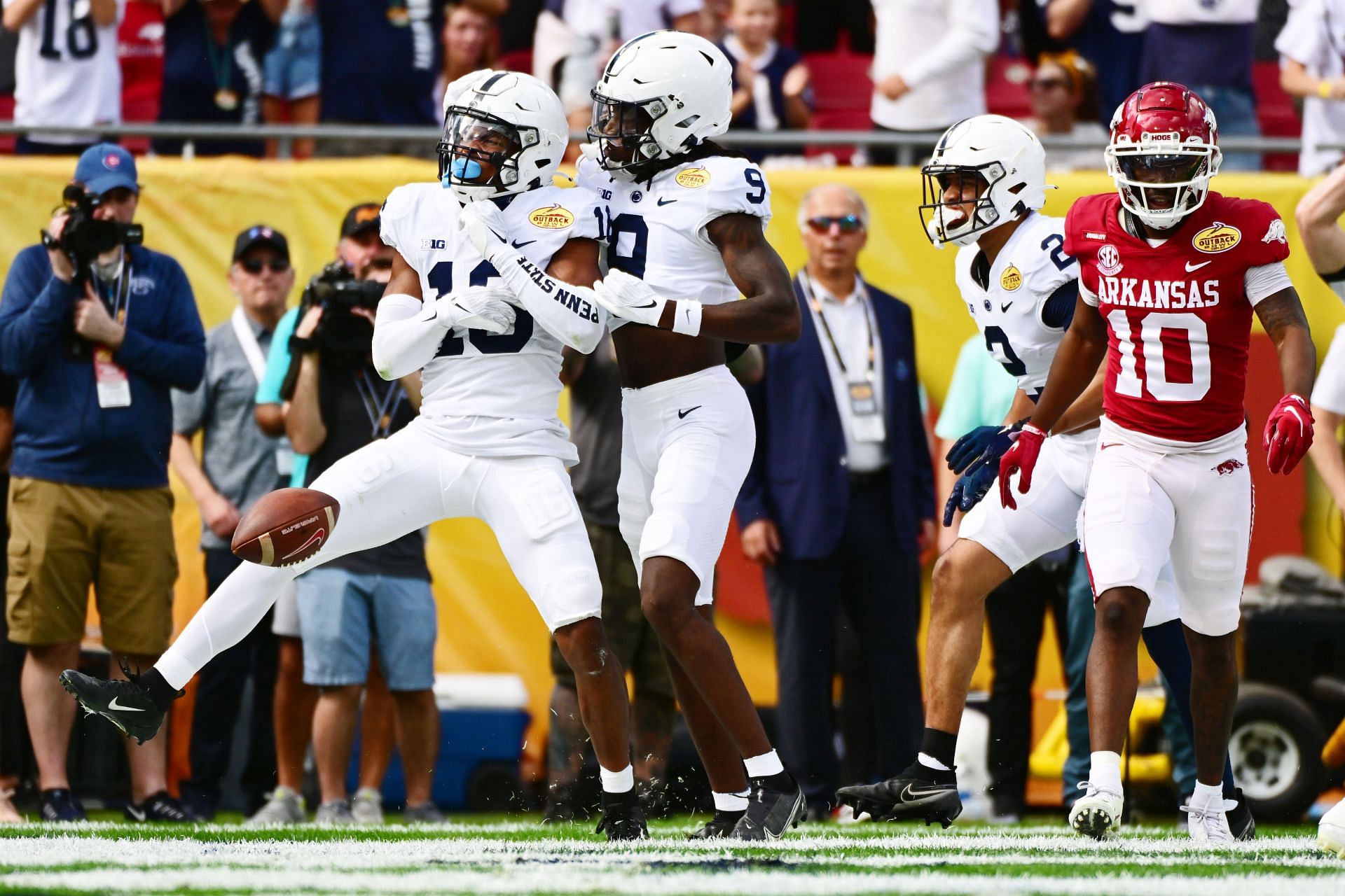 Ji'Ayir Brown #16 of the Penn State Nittany Lions reacts after intercepting KJ Jefferson of the Arkansas Razorbacks