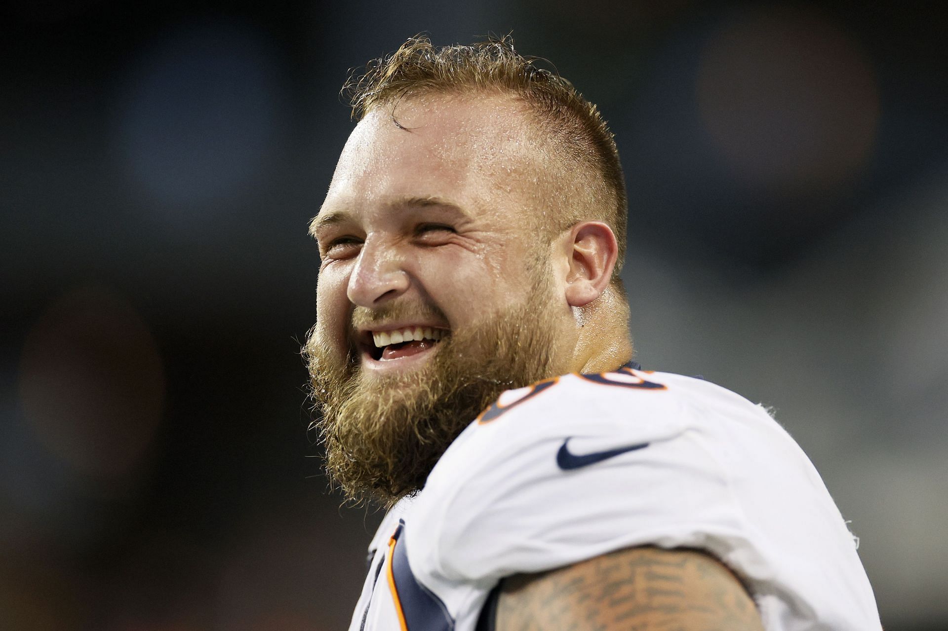 Offensive guard Dalton Risner of the Denver Broncos looks on during an NFL preseason game