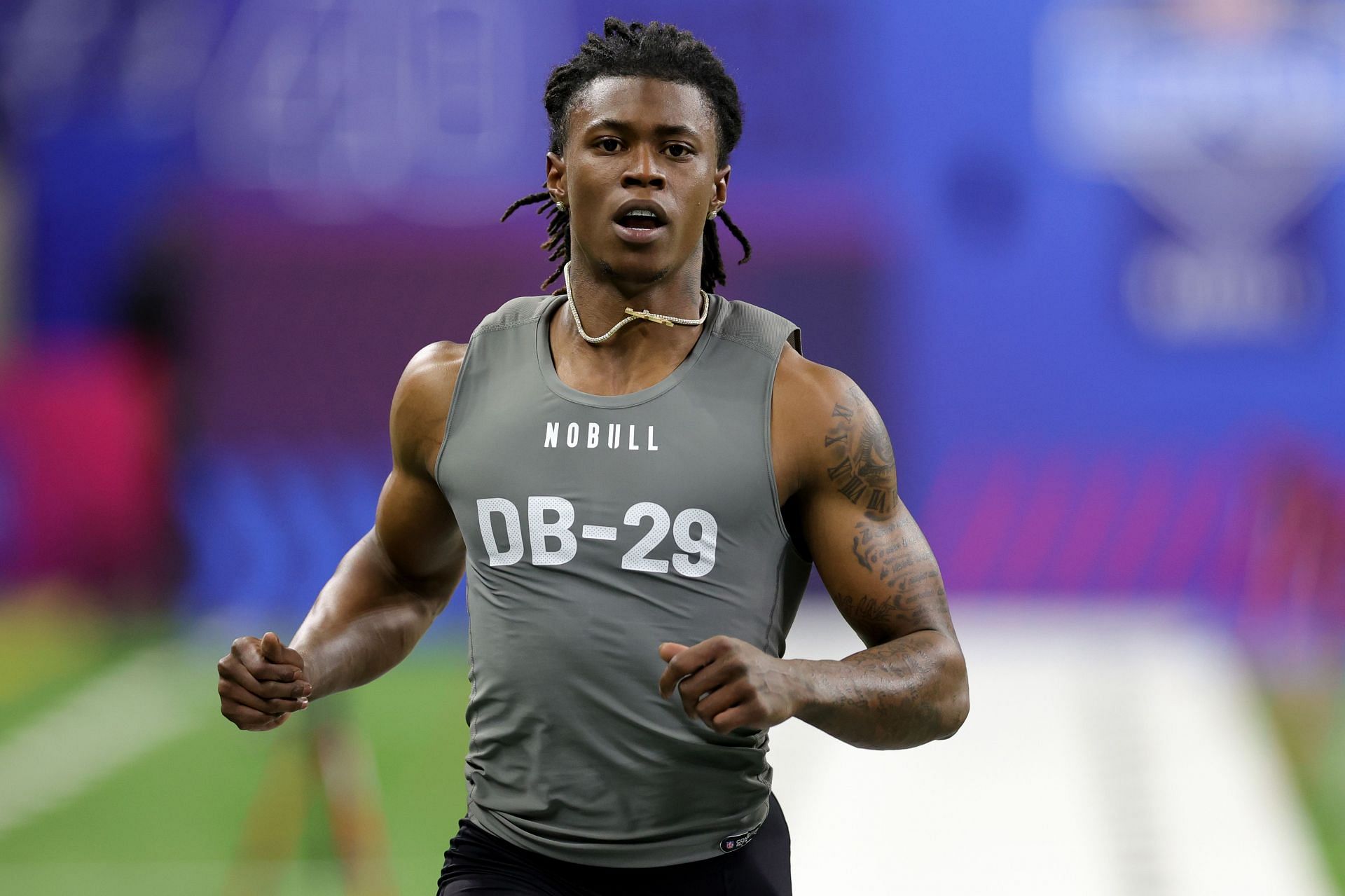 Defensive back Cam Smith of South Carolina participates in the 40-yard dash during the NFL Combine