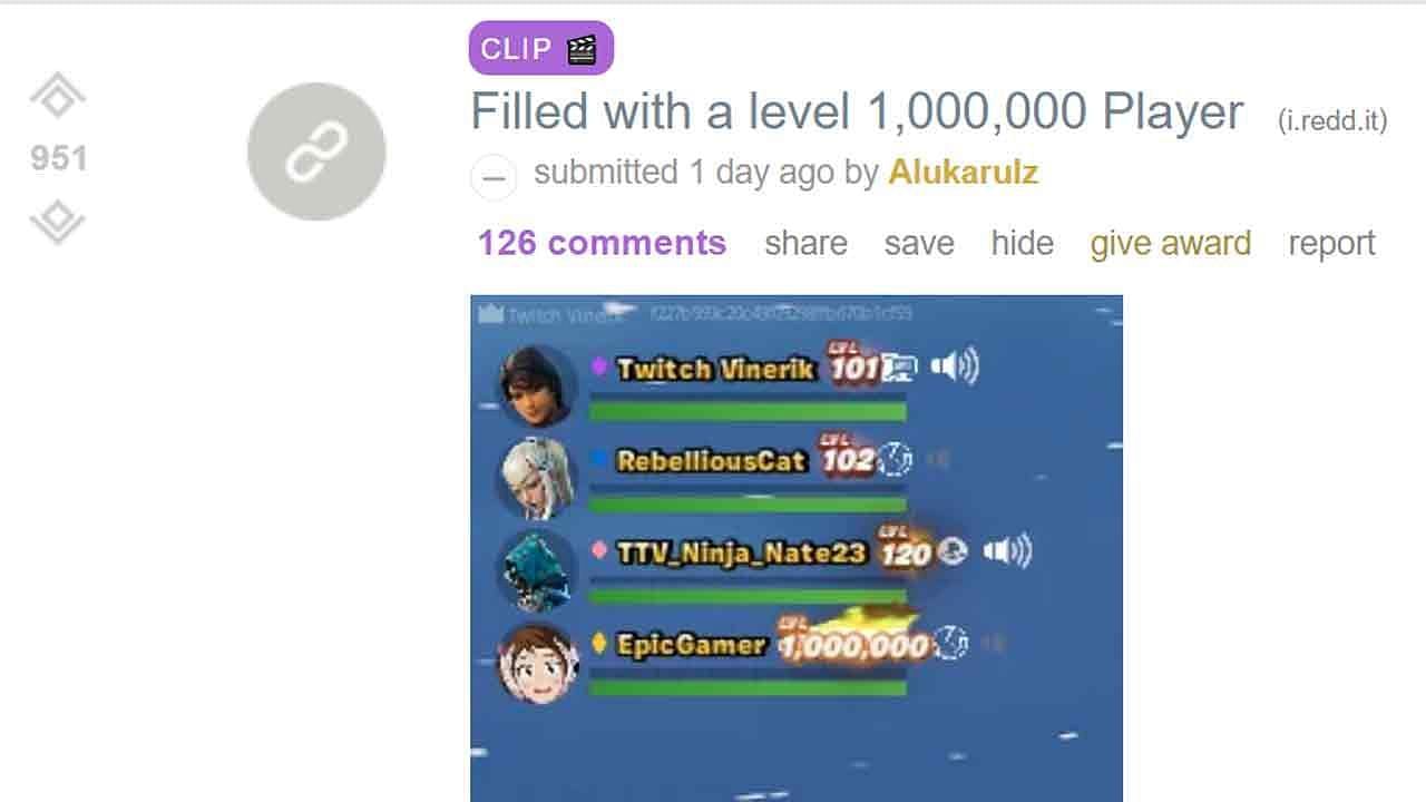 The in-game screenshot shows the player who reached Level 1 million in Chapter 4 Season 2 (Image via Alukarulz/Reddit)