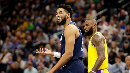 Minnesota Timberwolves star big man Karl-Anthony Towns and LA Lakers star forward LeBron James