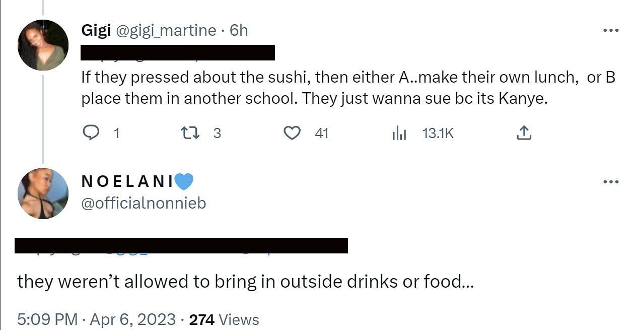 Comment reacting to sushi lunches (Image via Twitter/@gigi_martine, @officialnonnieb)