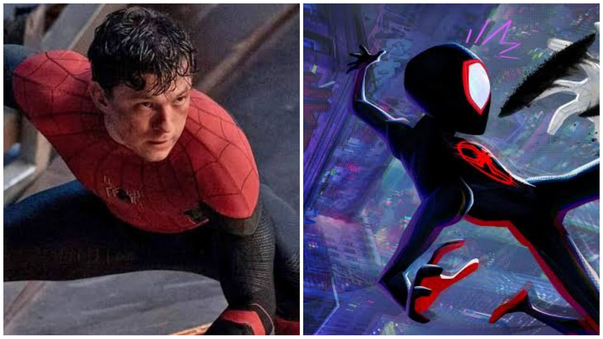 Tom Holland as Spider-Man and a still from Across the Spider-Verse (Images via Sony Pictures Entertainment)