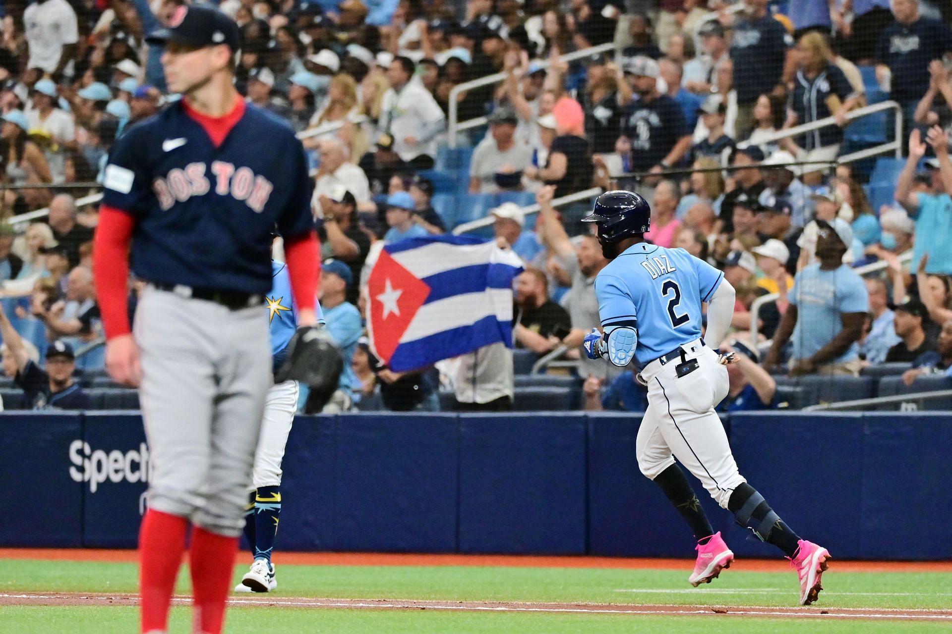 Yandy Diaz #2 of the Tampa Bay Rays runs the bases after hitting a home run off of Corey Kluber
