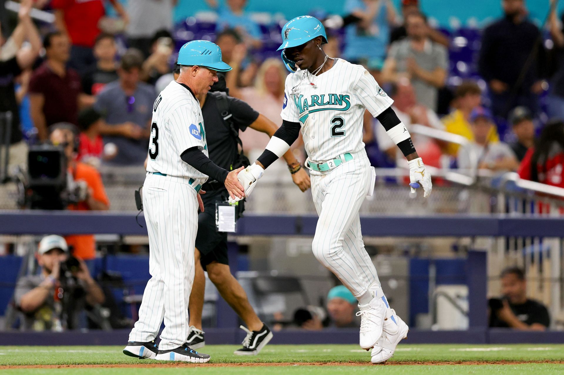 Jazz Chisholm Miami Marlins Unsigned Dives Into Second Base Photograph