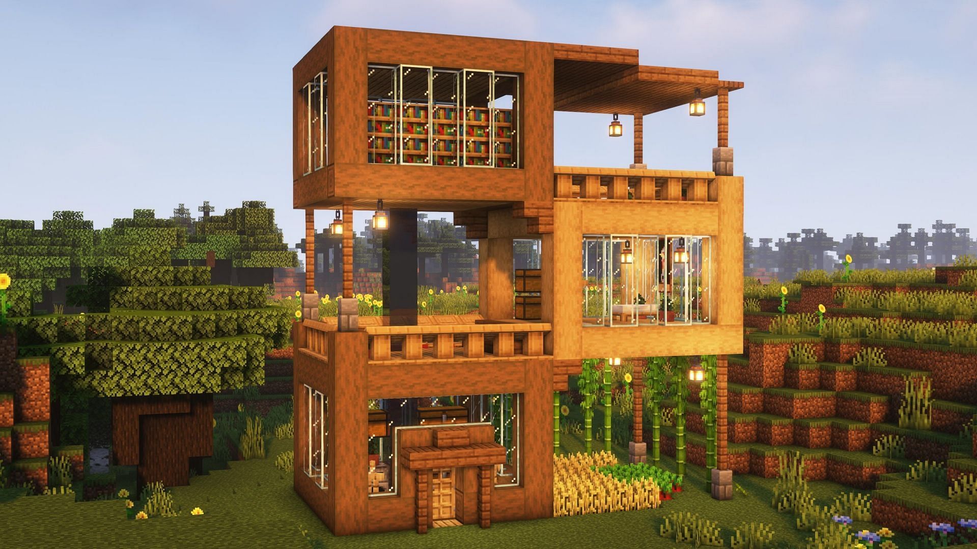 This unique house design has floors with different rooms and balconies in Minecraft (Image via Reddit/lexbuilds)