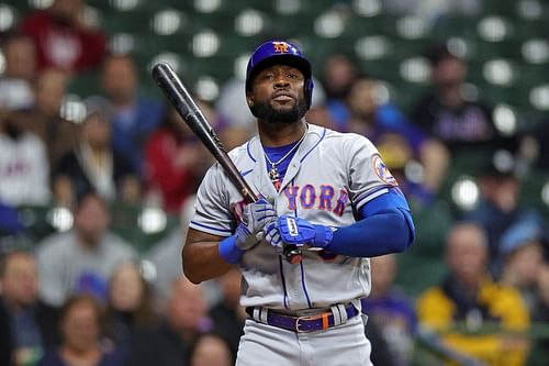 New York Mets v Milwaukee Brewers: MILWAUKEE, WISCONSIN - APRIL 04: Starling Marte #6 of the New York Mets at bat during a game against the Milwaukee Brewers at American Family Field on April 04, 2023, in Milwaukee, Wisconsin. The Brewers defeated the Mets 9-0. (Photo by Stacy Revere/Getty Images)