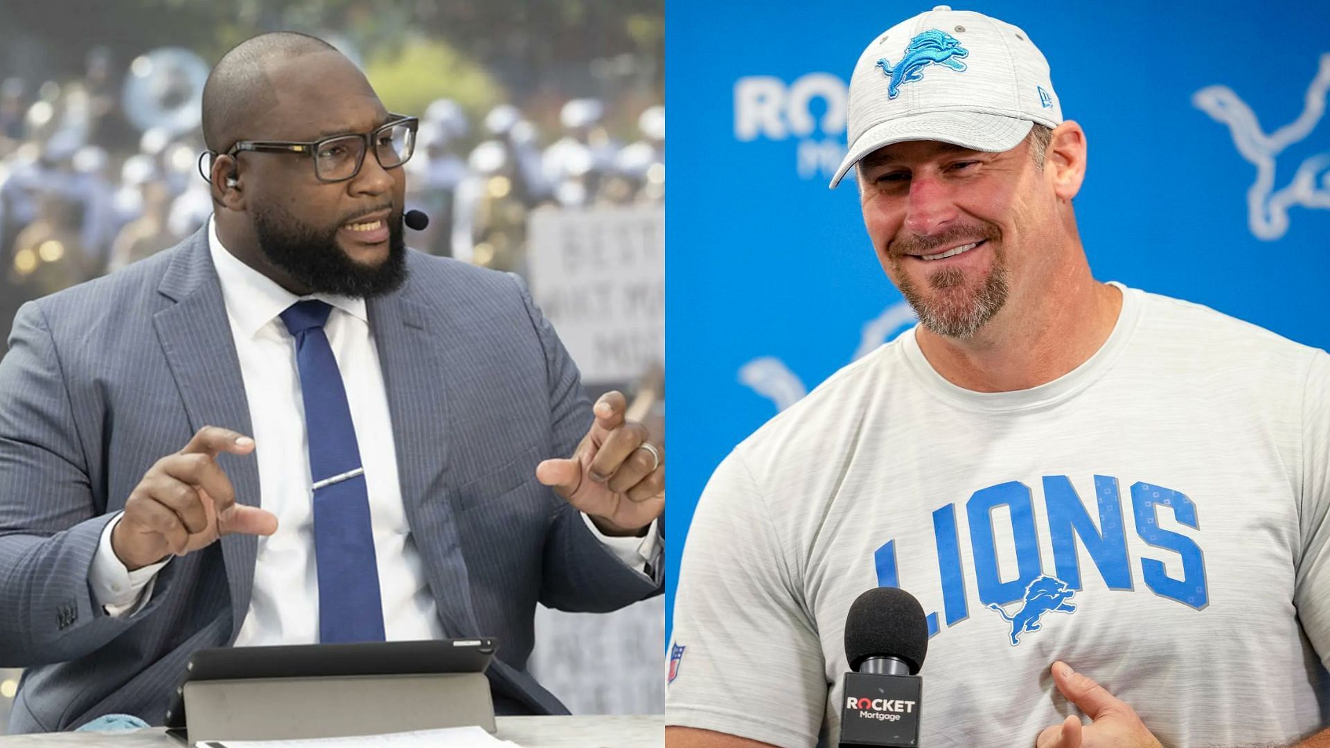 ESPN NFL analyst Marcus Spears (l) and Lions HC Dan Campbell (r)