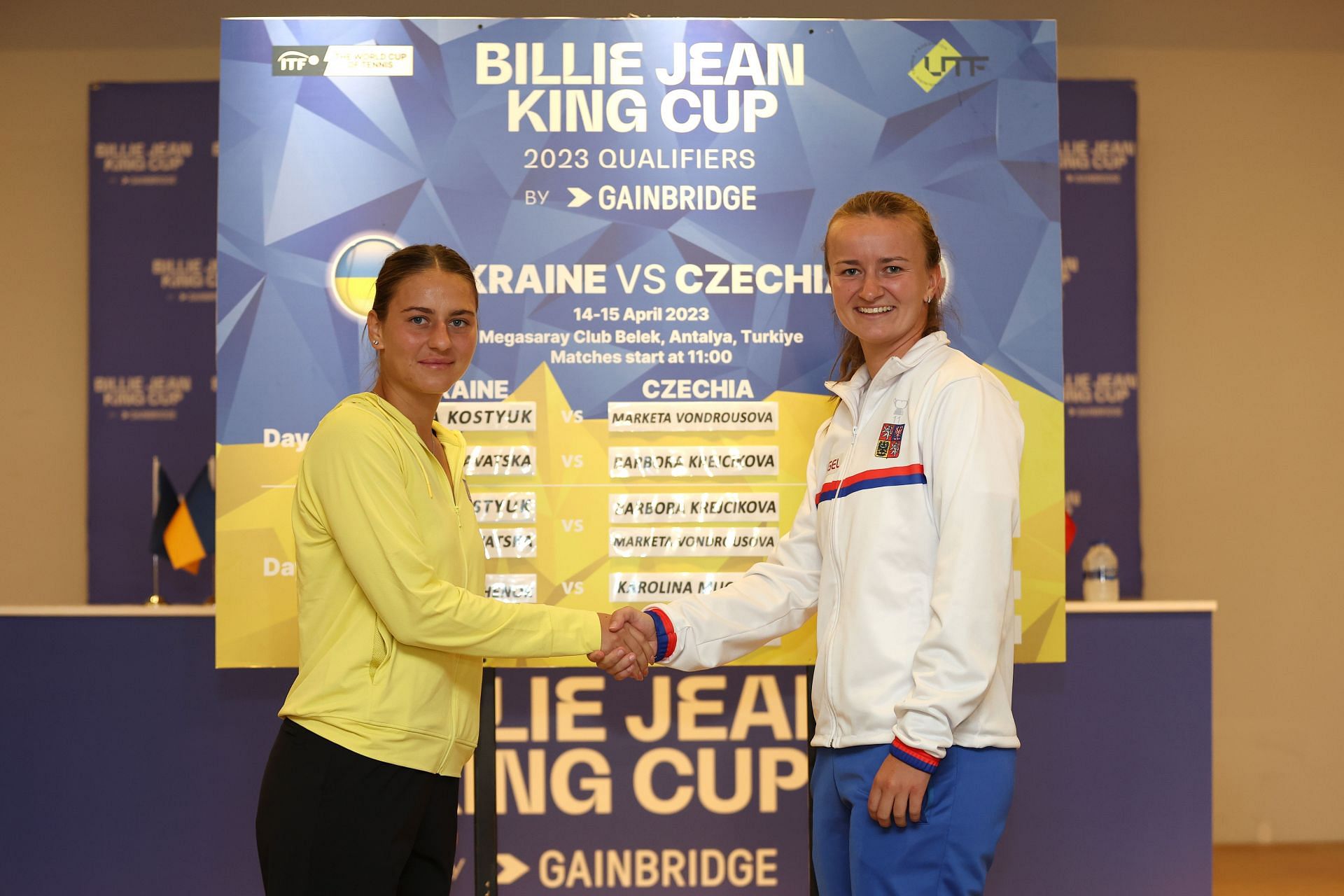 Marta Kostyuk and Barbora Krejcikova at the 2023 Billie Jean King Cup.