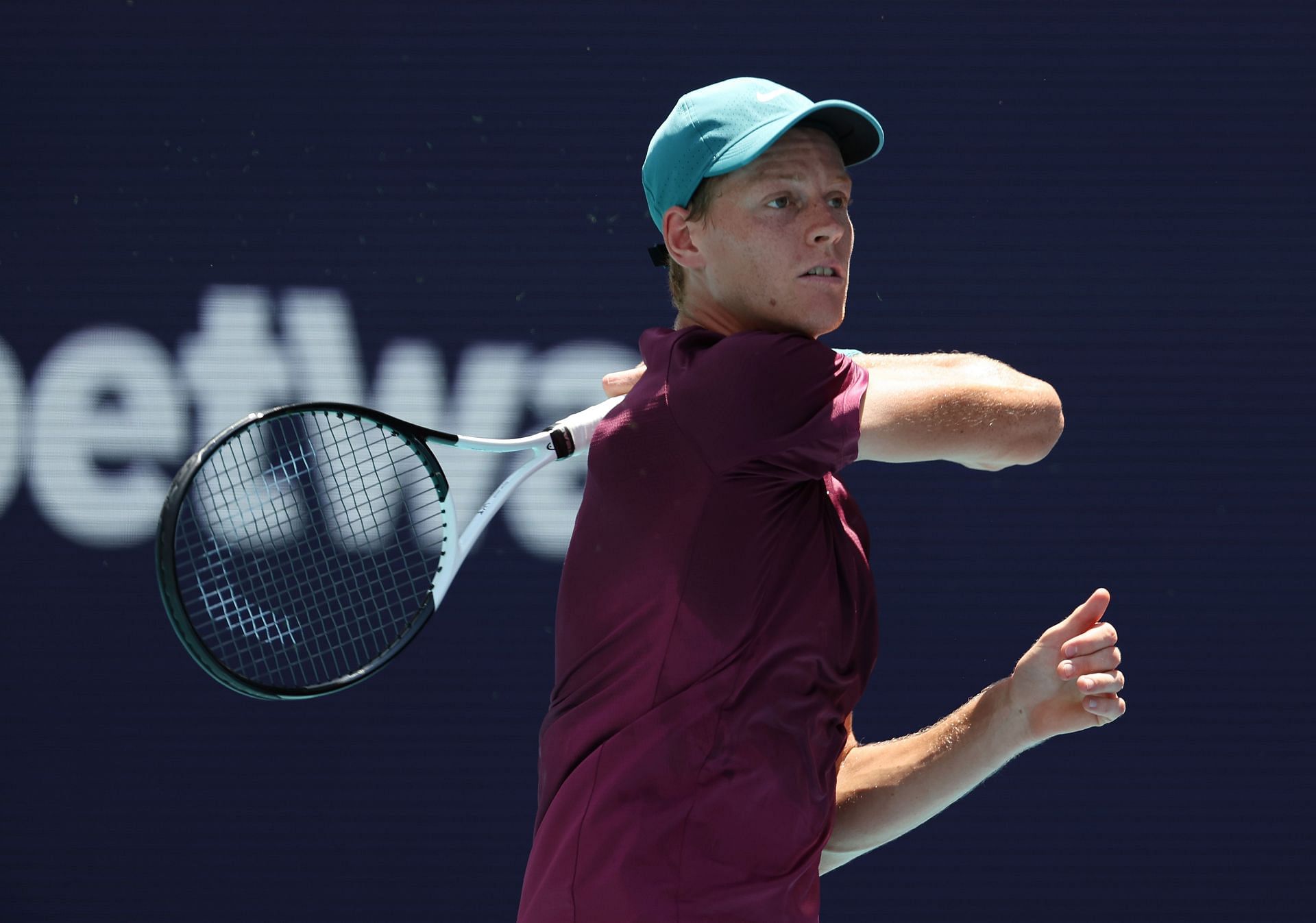 Jannik Sinner hits the ball at the 2023 Miami Open